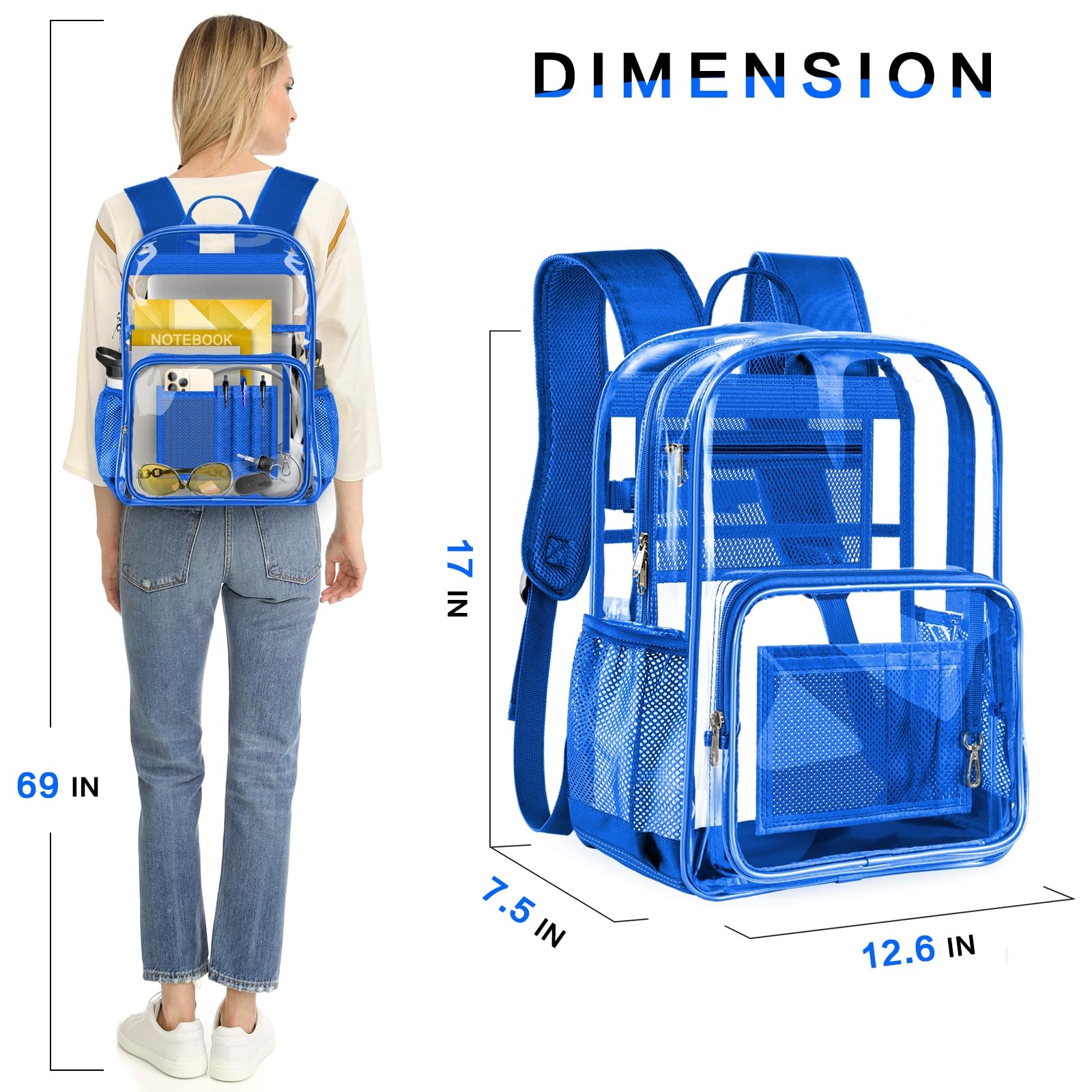 Mochila transparente, resistente mochila transparente con parte inferior reforzada para la universidad, viajes, seguridad en el lugar de trabajo.., Azul, Casual 2