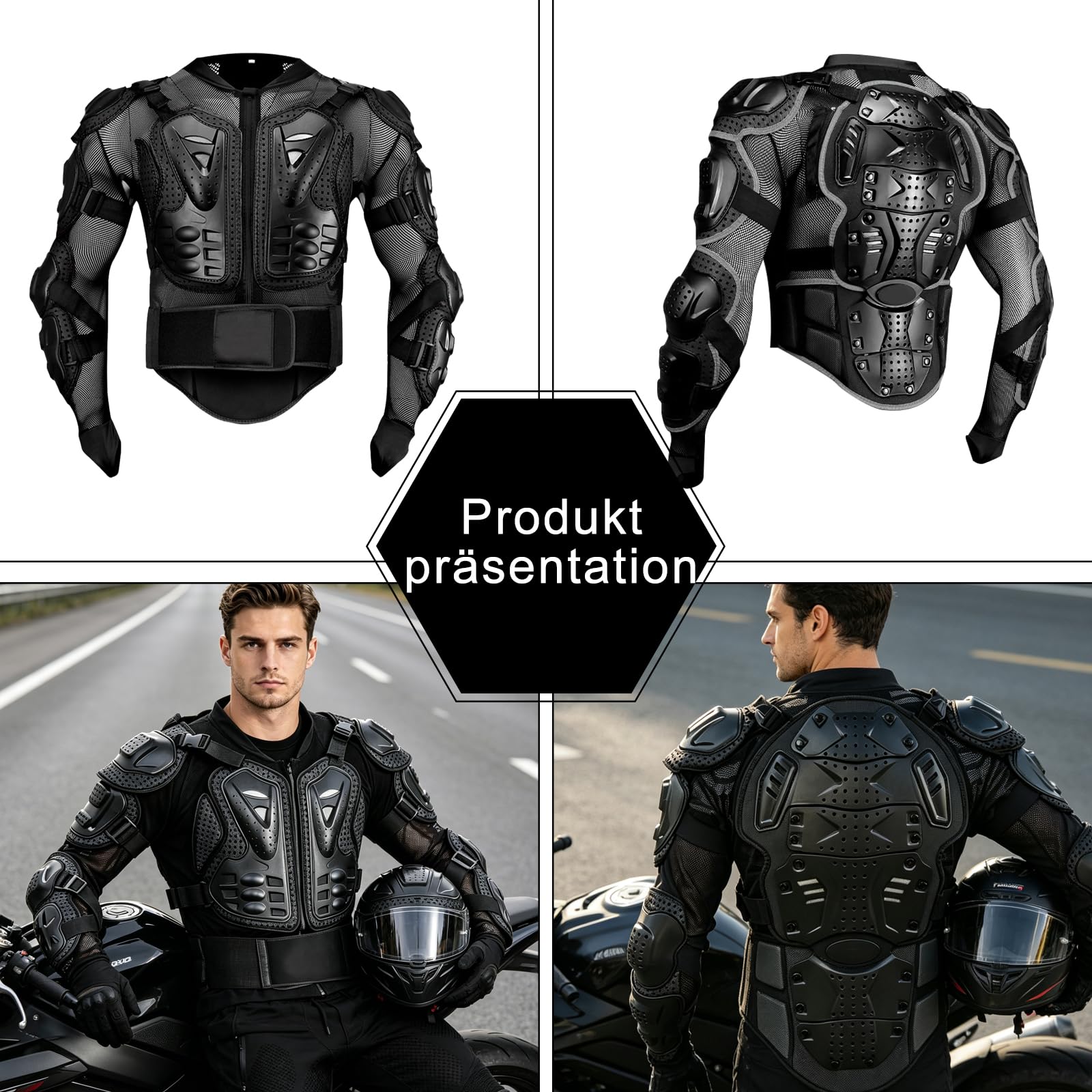 Motorrad Protektorenjacke Schutz Jacke Pro Motocross Protektorenweste mit Rückenprotektor Scooter MTB Enduro Motorradjacke für Damen und Herren