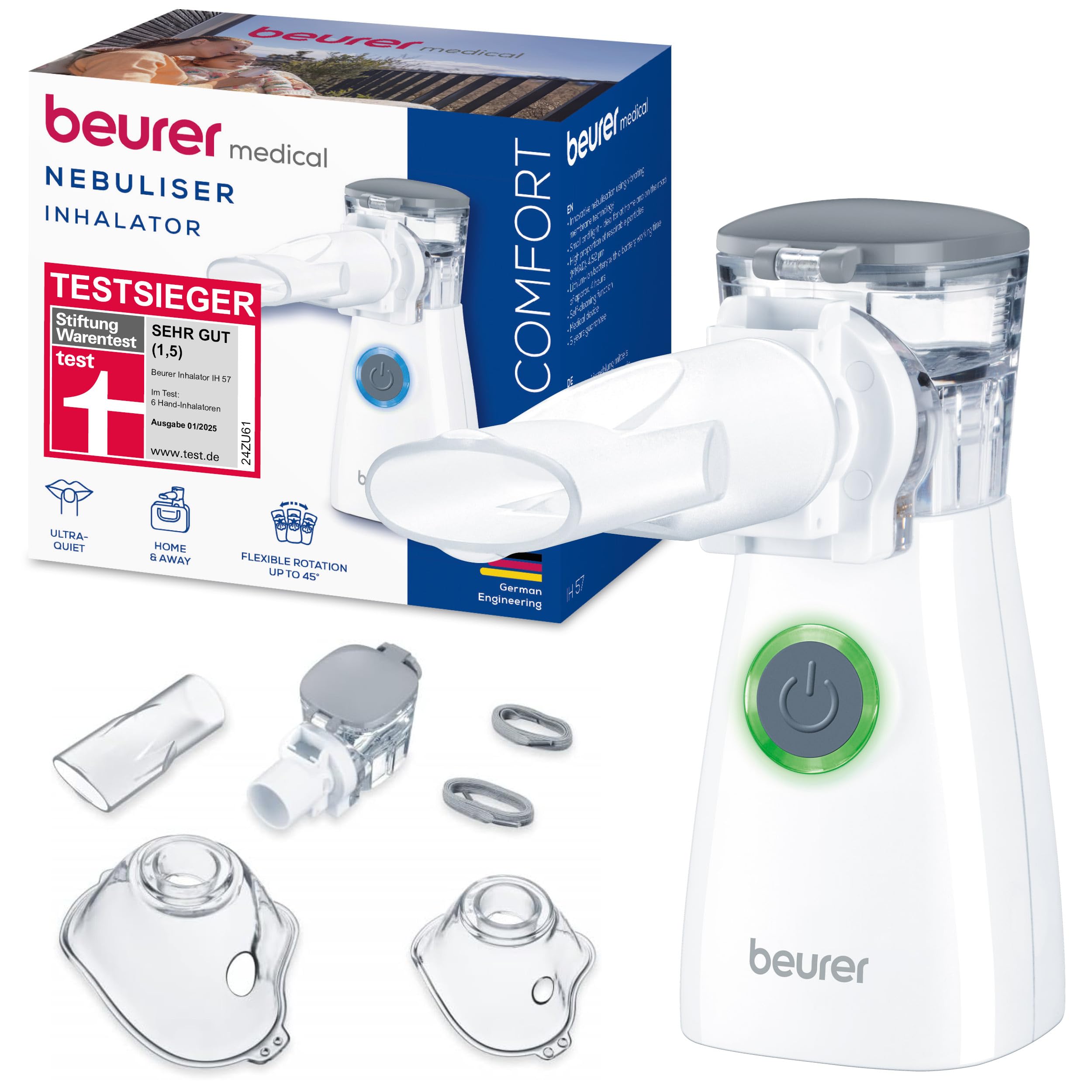 Beurer IH 57 Inhalator, Verneblung mit Schwingmembran- und Aerosol-Technologie, tragbares Inhaliergerät mit wiederaufladbarem Akku, zur Anwendung bei Erkältung, Asthma und anderen Atemwegserkrankungen