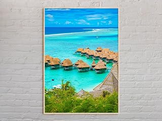 Real photo wall art print of a French Polynesia overwater bungalow lagoon, turquoise waters, thatched huts, and lush greenery for tropical home decor