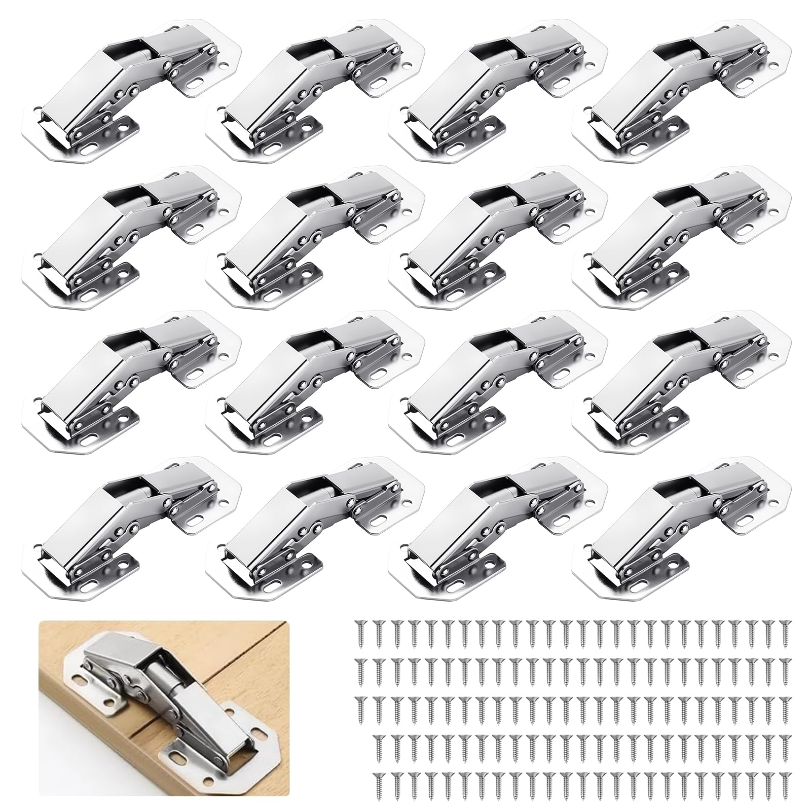 Kitchen Cupboard Hinge, 16 Pcs Wardrobe Door Hinges with Screws, Kitchen Door Cupboard Concealed Hinge, Embedded Furniture Hinges Full Overlay for Bathroom Bedroom Dining Room