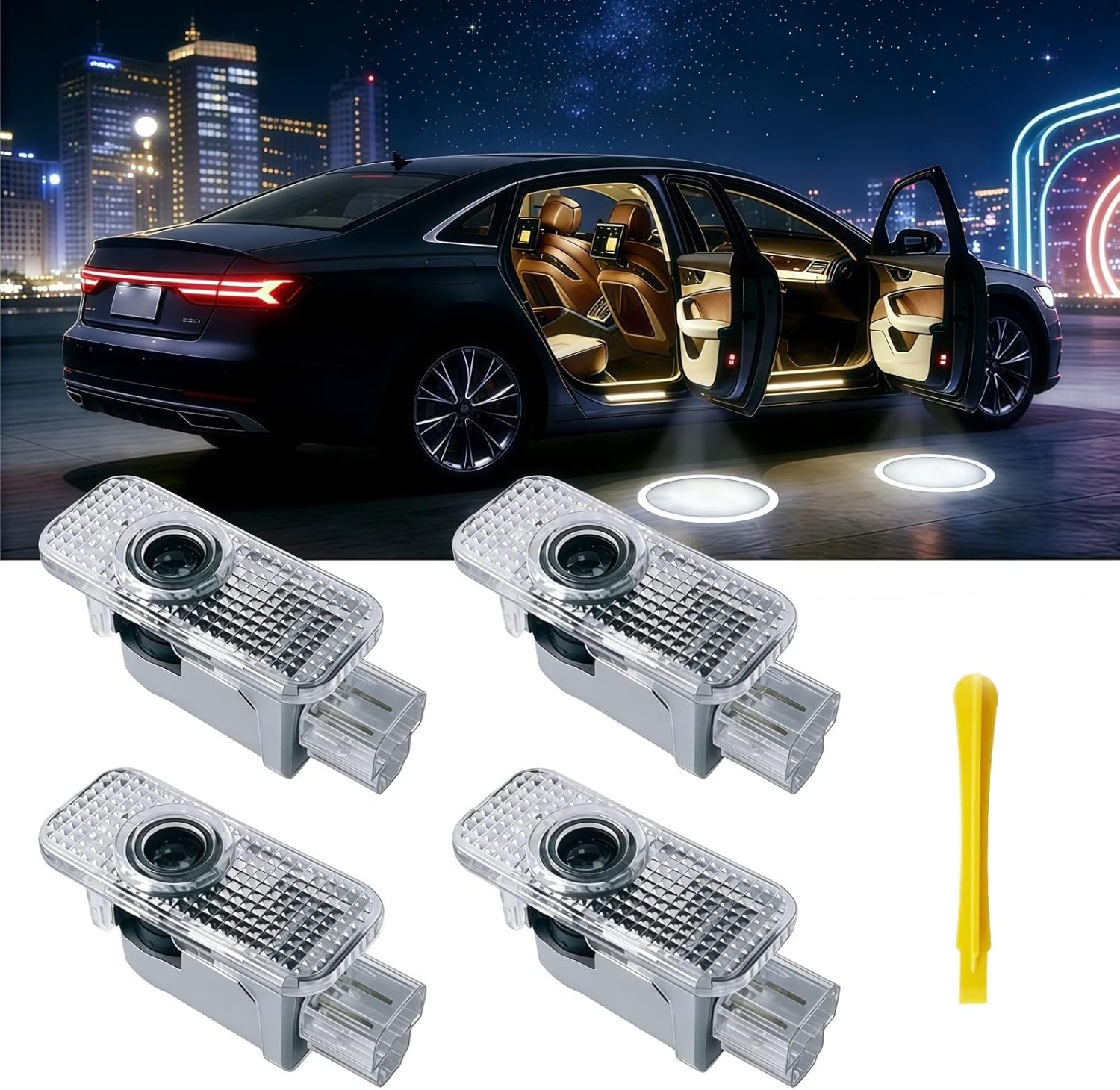 4 Pcs Car Door Lights Logo Projector Compatible with Q3/Q5/Q7/R8/TT/RS/S3/S4/S5/S6/A1/A3/A4/A5/A6/A7/A8 Car Accessories, Ultra-Bright Puddle Lights, Never Fade HD Car Welcome Lights(4 Ring)