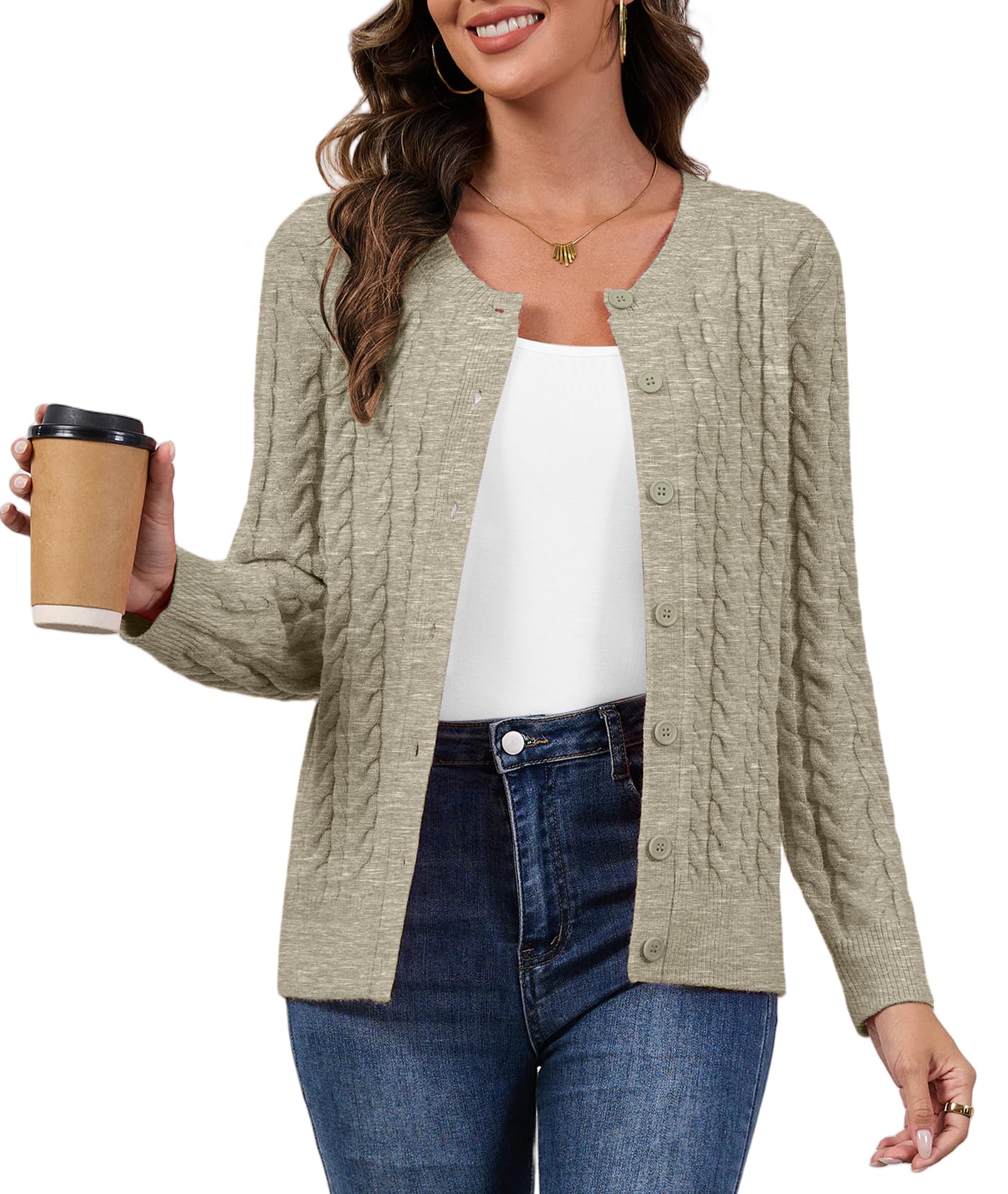 LILBETTER Womens Cable Knit Long Sleeve Crewneck Button Down Open Front Cardigan Sweater for Fall and Winter 2025