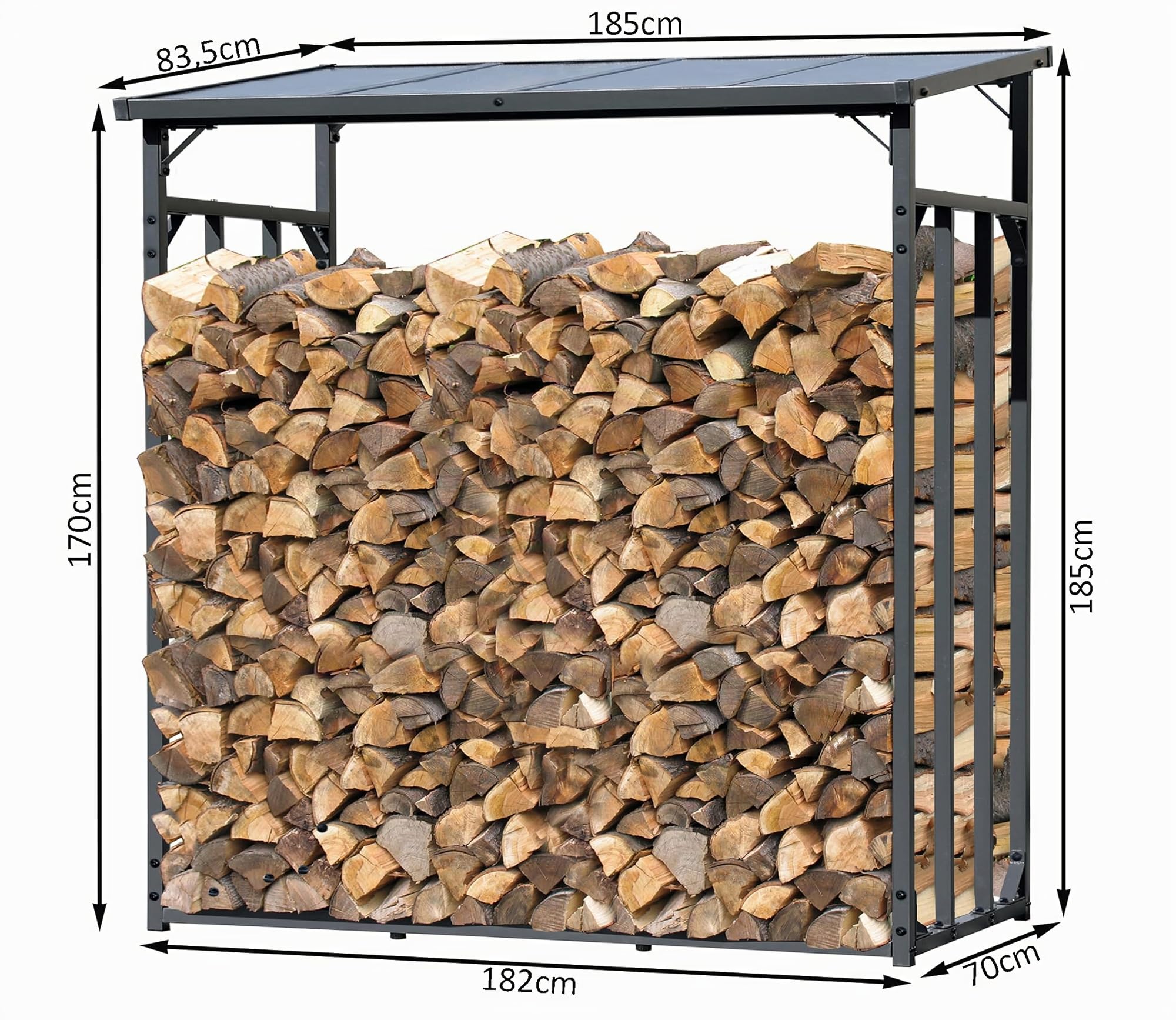 Scaffale per legna da ardere in metallo antracite XXL 185x70x185 cm 2,3 m³ per esterni