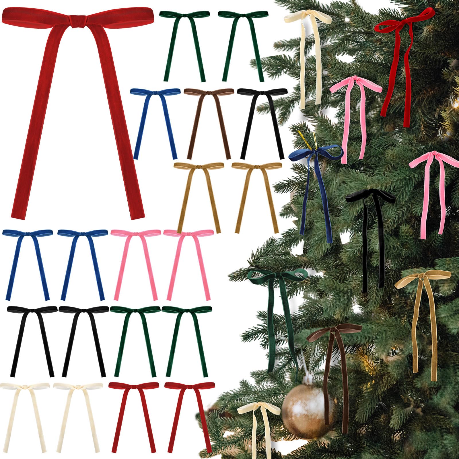 24 Pcs Velvet Bows Christmas Tree Ornaments Vintage Velvet Ribbon Bows for Tree Garland Wreath Indoor Xmas Decorations(5 x 7 Inch, Width of 3/8",Colorful)