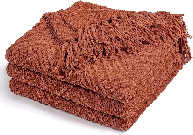 RECYCO Chenille Knit Throw Blanket for Couch (152x127cm), Super Soft Warm Cozy Decorative Rust Knitted Blanket Throw with Tassels for Bed Sofa Chair, Woven Blanket with Bonus Laundry Bag,Burnt Orange