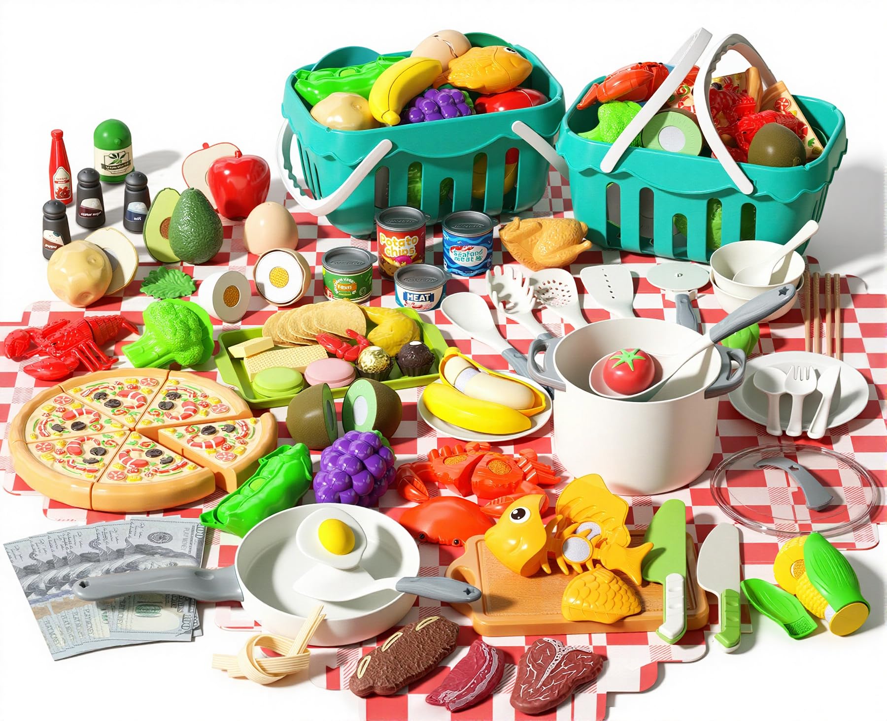 150Pcs Kitchen Playset, Toddlers Pretend Cooking Cookware Accessories, Food, Picnic Blanket, Fruits, Veges, 2Pack Shopping Storage Basket, Dessert and Prop Money, Gift for Kids (White)