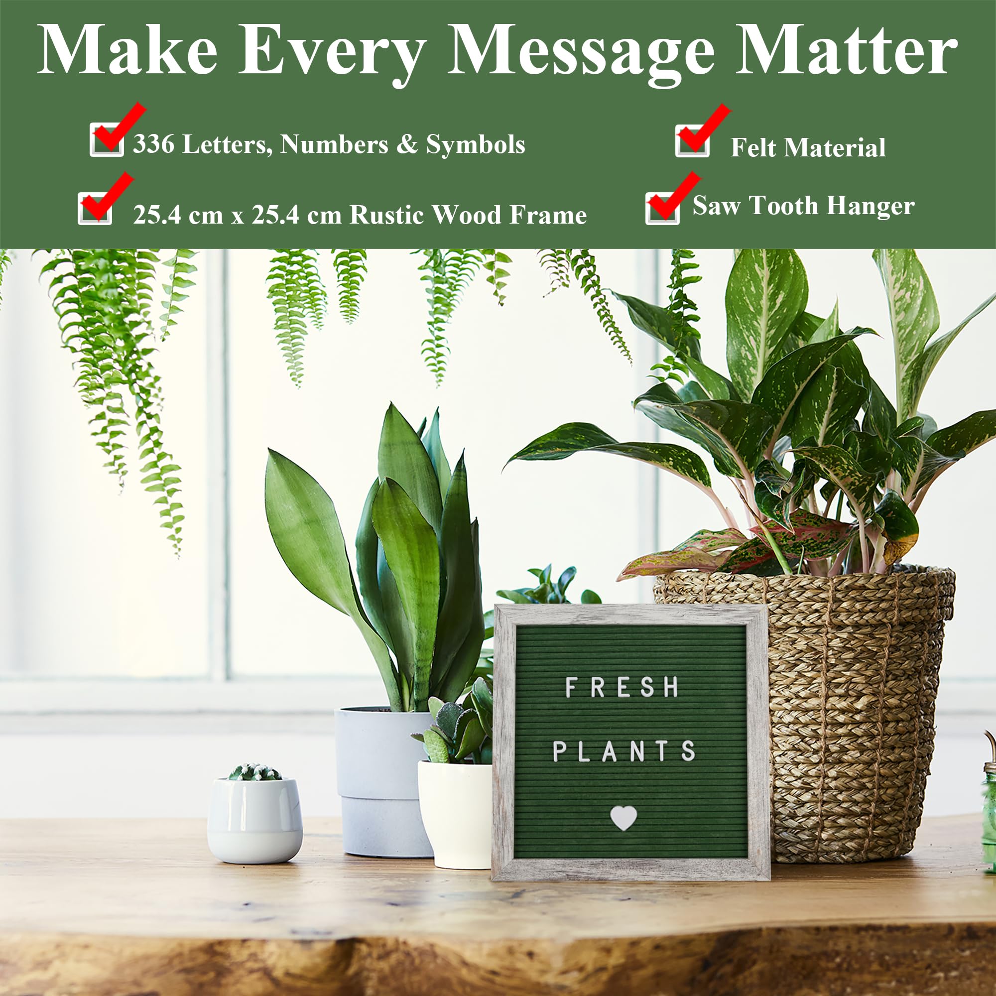 Bacheca intercambiabile in feltro 25 x 25 cm, con cornice rustica, lavagna in feltro verde per messaggi personalizzati, ideale per baby shower e nascite