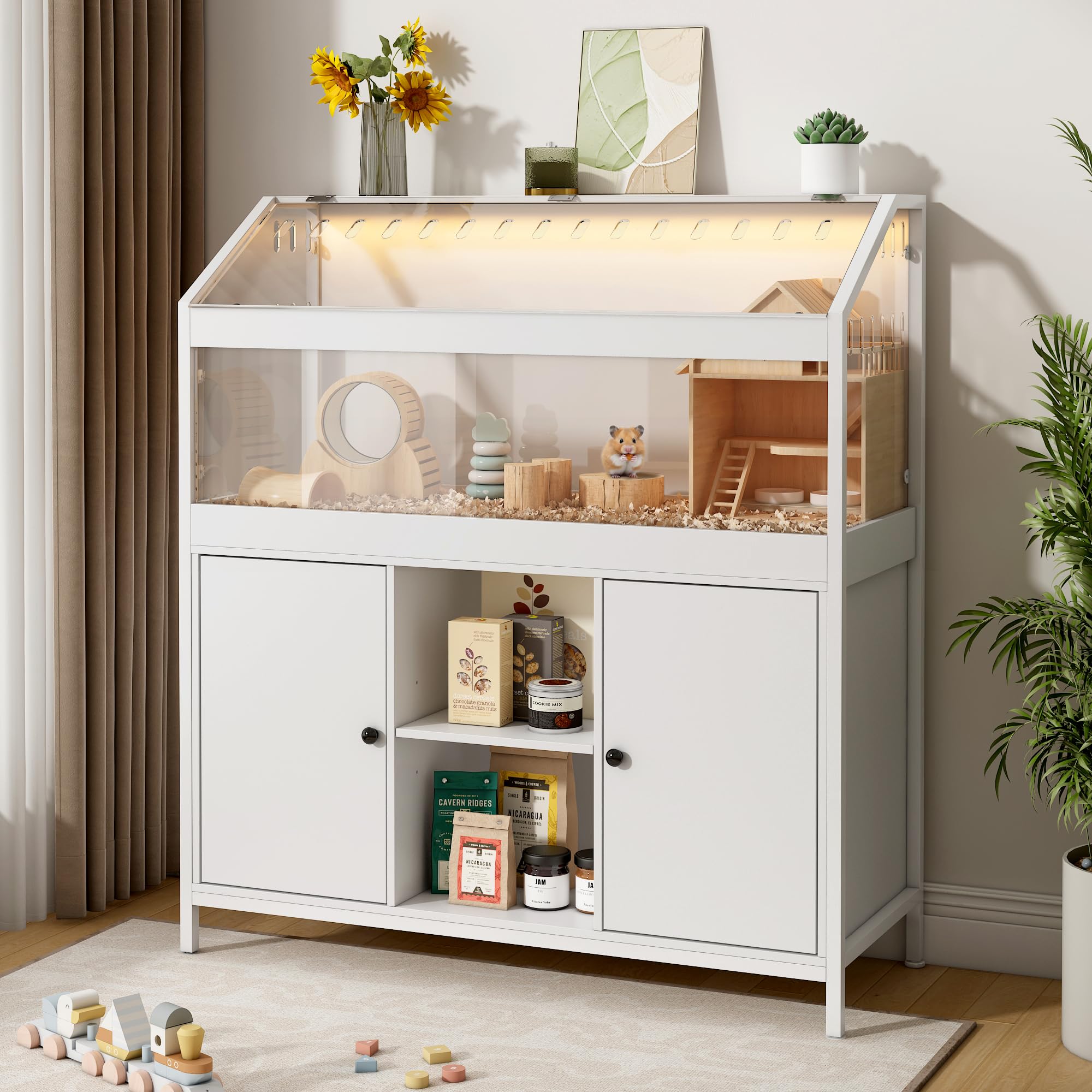 Large Hamster Cage With Storage Cabinet & Wheels – 360° Acrylic View For Small Pets (White)