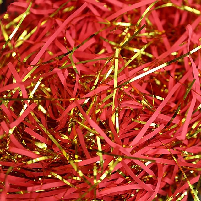 Anjing 100 Grams Shredded Paper is Ideal for Gift Box Filling, Hamper Filling, Packaging Filler, Basket Filler, Gift Packaging and Hampers Stuffing 100g Golden Silk Red