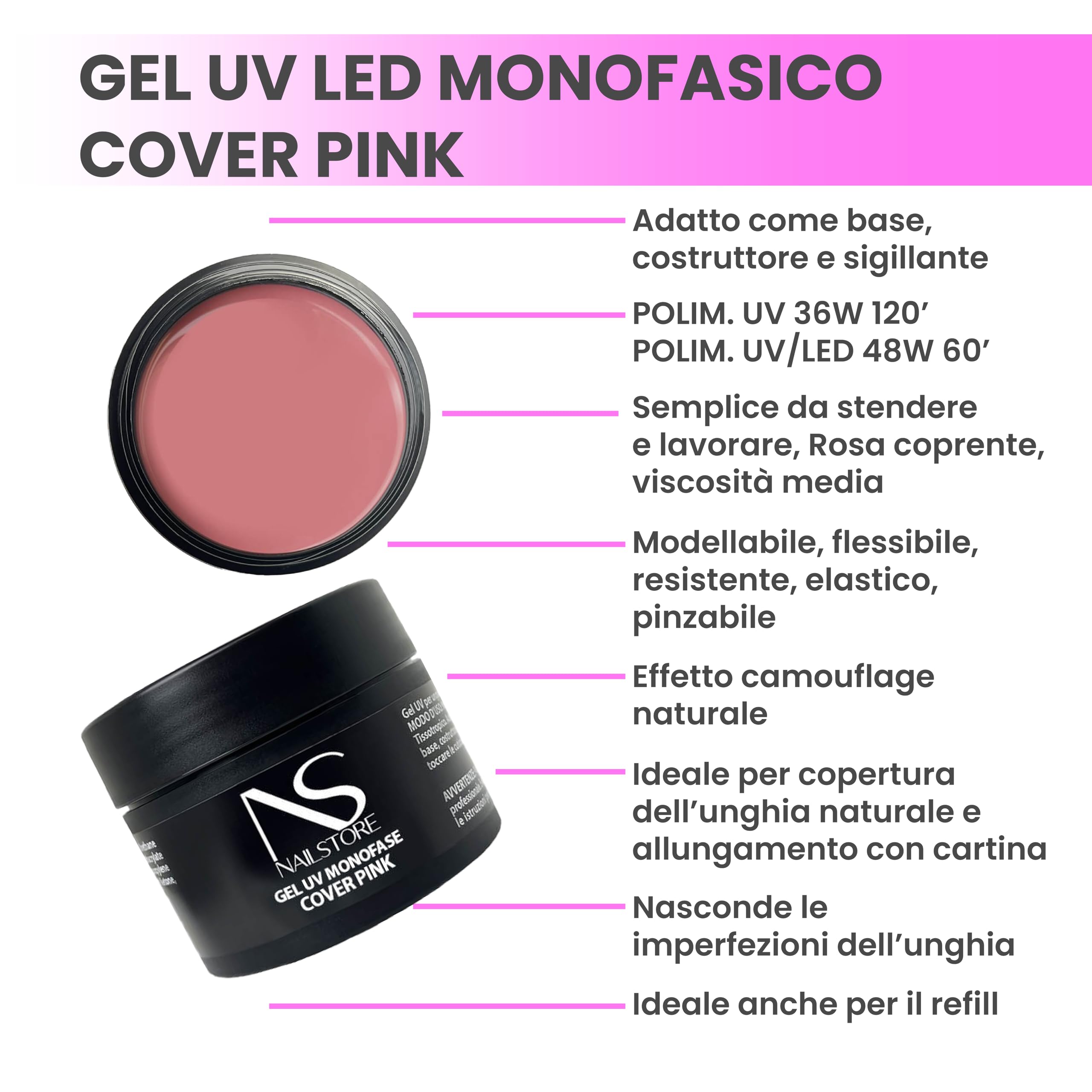 NAILSTORE - Gel UV Led Costruttore Monofasico Cover Pink - media densità - autolivellante - camouflage - facile lavorabilità – adatto per Refill e allungamento con cartina (50 g)