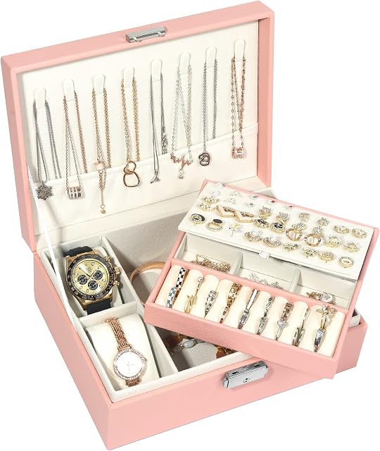 Mactoou Jewelry Box, 2 Layer Jewellery Box Organizer for Women Girls, PU Leather Jewellery Storage Case Holder with Removable Tray for Necklace Earrings Rings Bracelets Watches Brooches, Pink