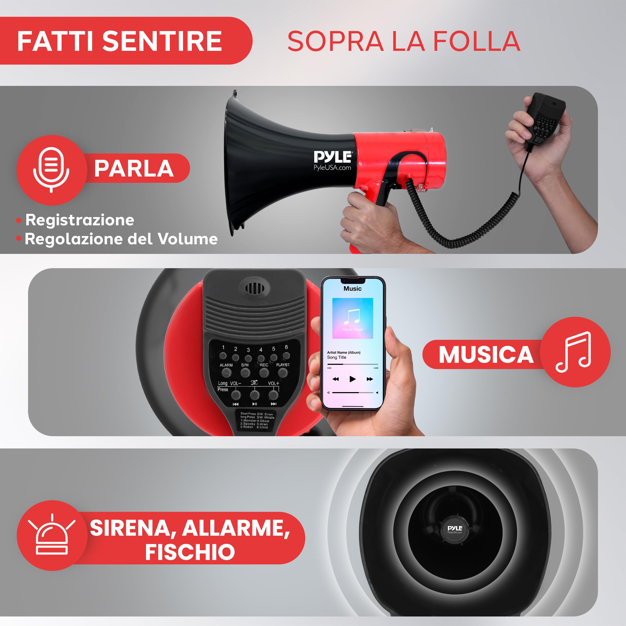 Pyle Megafono Portatile Bluetooth 100 Watt, 1370 m, Megafono con Sirena e Cambio Voce, Controlli Regolabili, Ideale per Sport, Sicurezza, Calcio, Basket, Baseball, Polizia