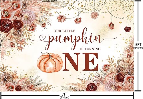 Miniatura 4 de MEHOFOND 6.5 x 4.8 pies, decoración de fiesta de primer cumpleaños, diseño de calabaza con texto en inglés "Little Pumpkin is Turning One",