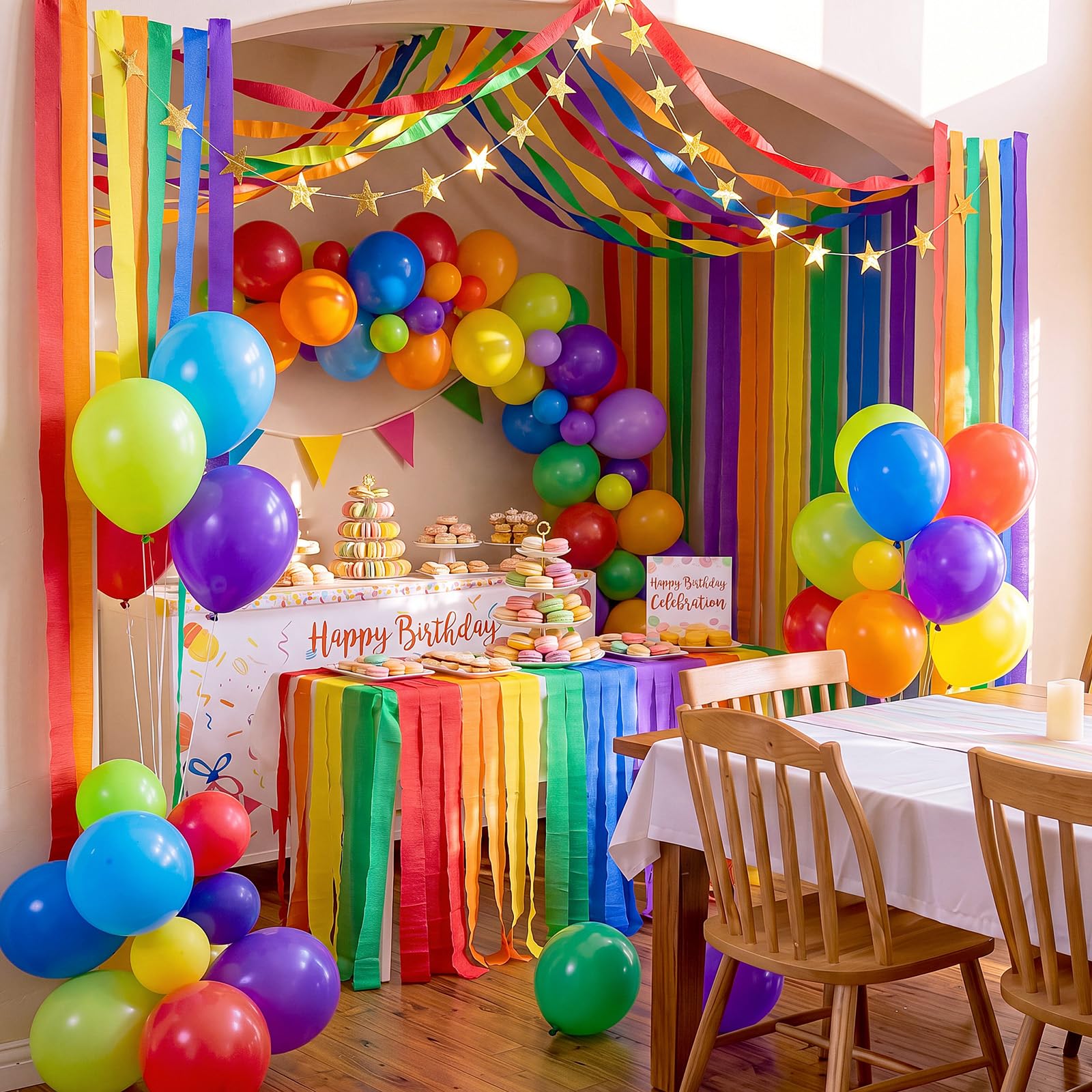 Kit di 145 palloncini arcobaleno per decorazioni fai da te, con palloncini in carta crespa e ghirlanda di stelle per compleanno, ritorno a scuola, carnevale, feste estive (arcobaleno)