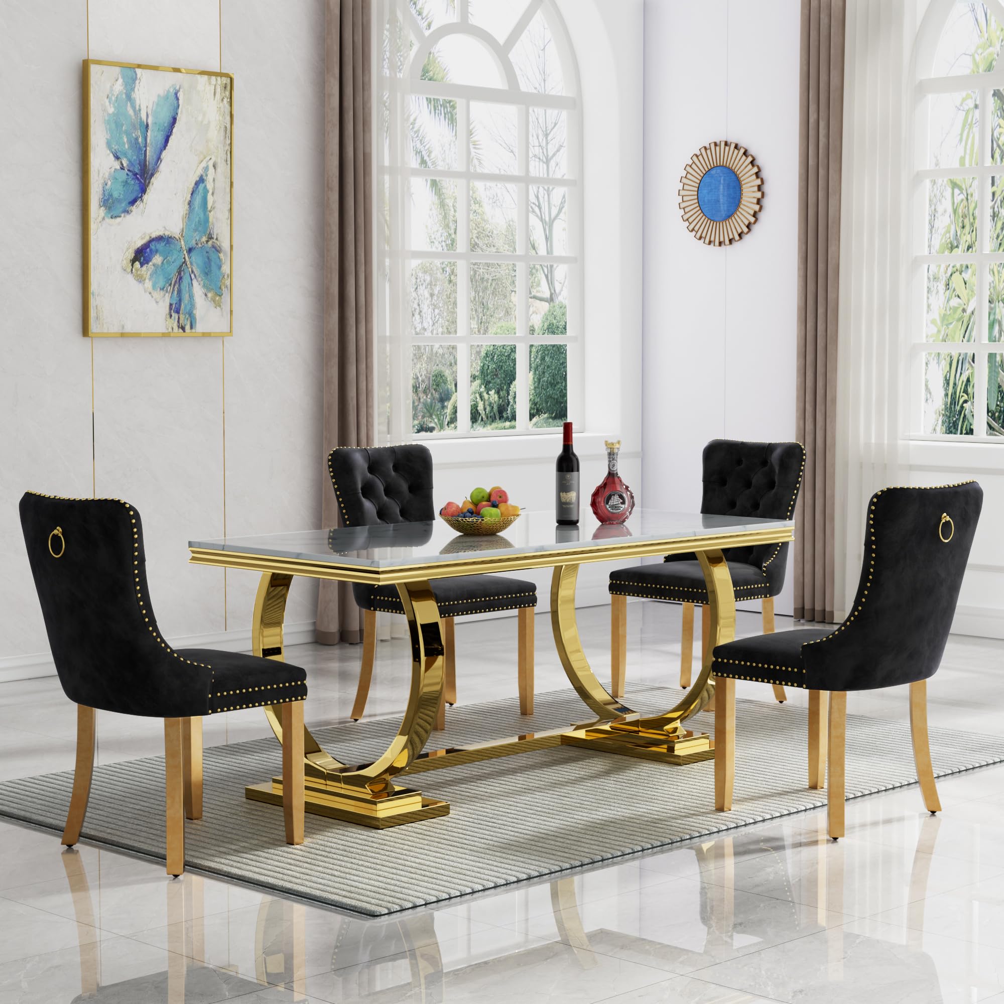 5 Piece Marble Dining Table Set for 4, Luxury White Marble Gold Kitchen Table with 4 Black Velvet Upholstered Chairs, Modern 4 Person Dining Room Table Set for Kicken Dining Office Room