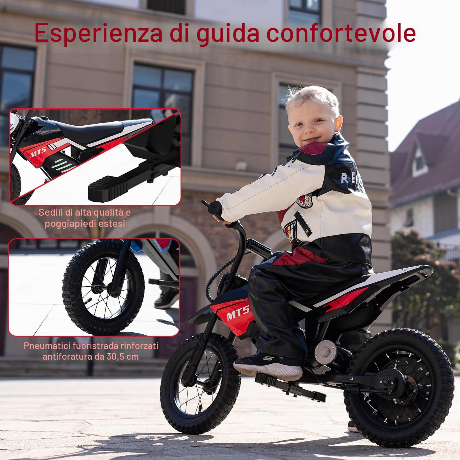 Moto Elettrica per Bambini 150W, 2 Velocità 8/16 km/h, Batteria 5,2Ah, Autonomia fino a 15 km, Pneumatici 12 Pollici, Luci LED, Freno a Tamburo, Carico Max 40 kg