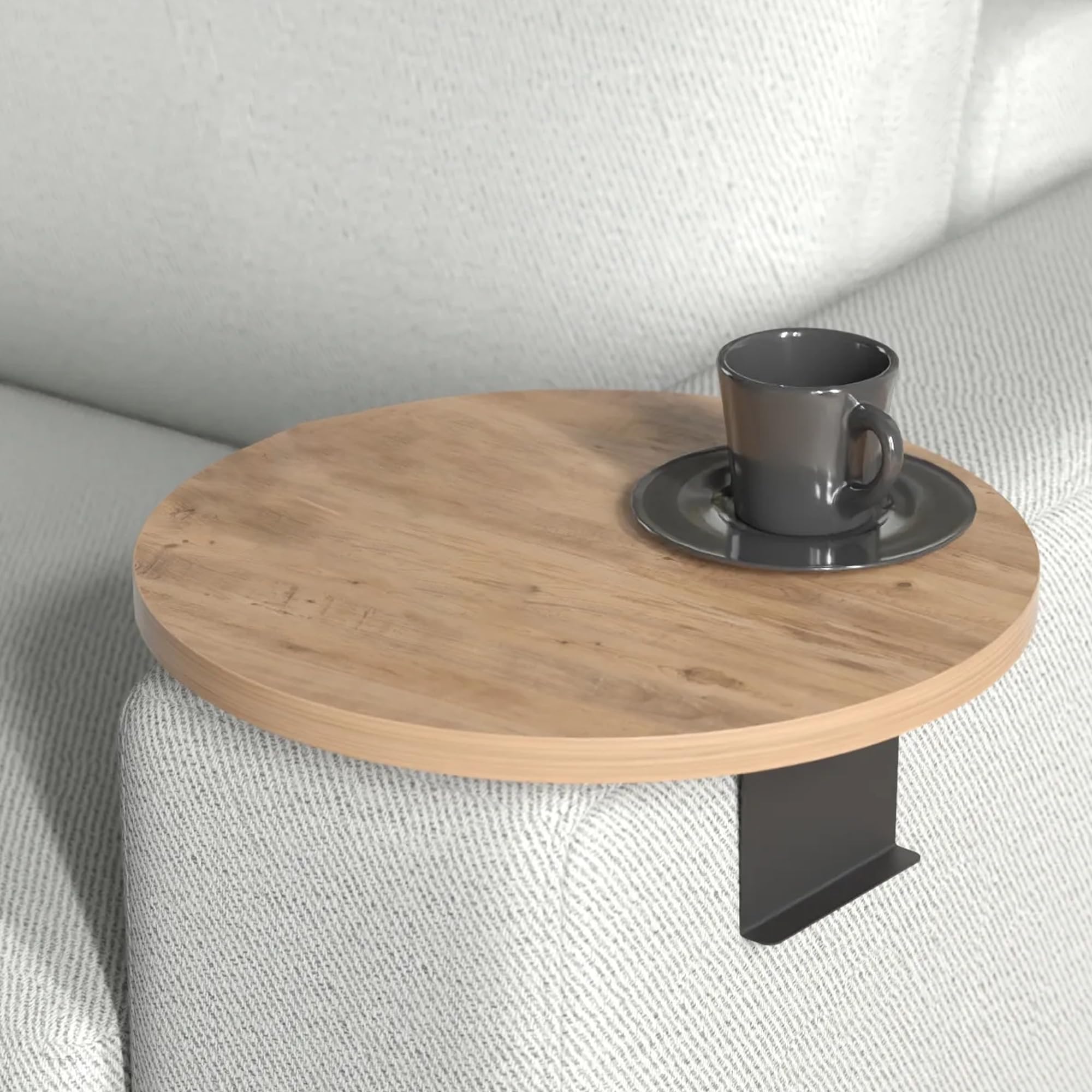 Bandeja de sofá para reposabrazos, bandeja ajustable para sofá con soporte para bebidas, diseño especial con práctico soporte de metal, bandeja para asientos, diámetro 35 cm (2, marrón)