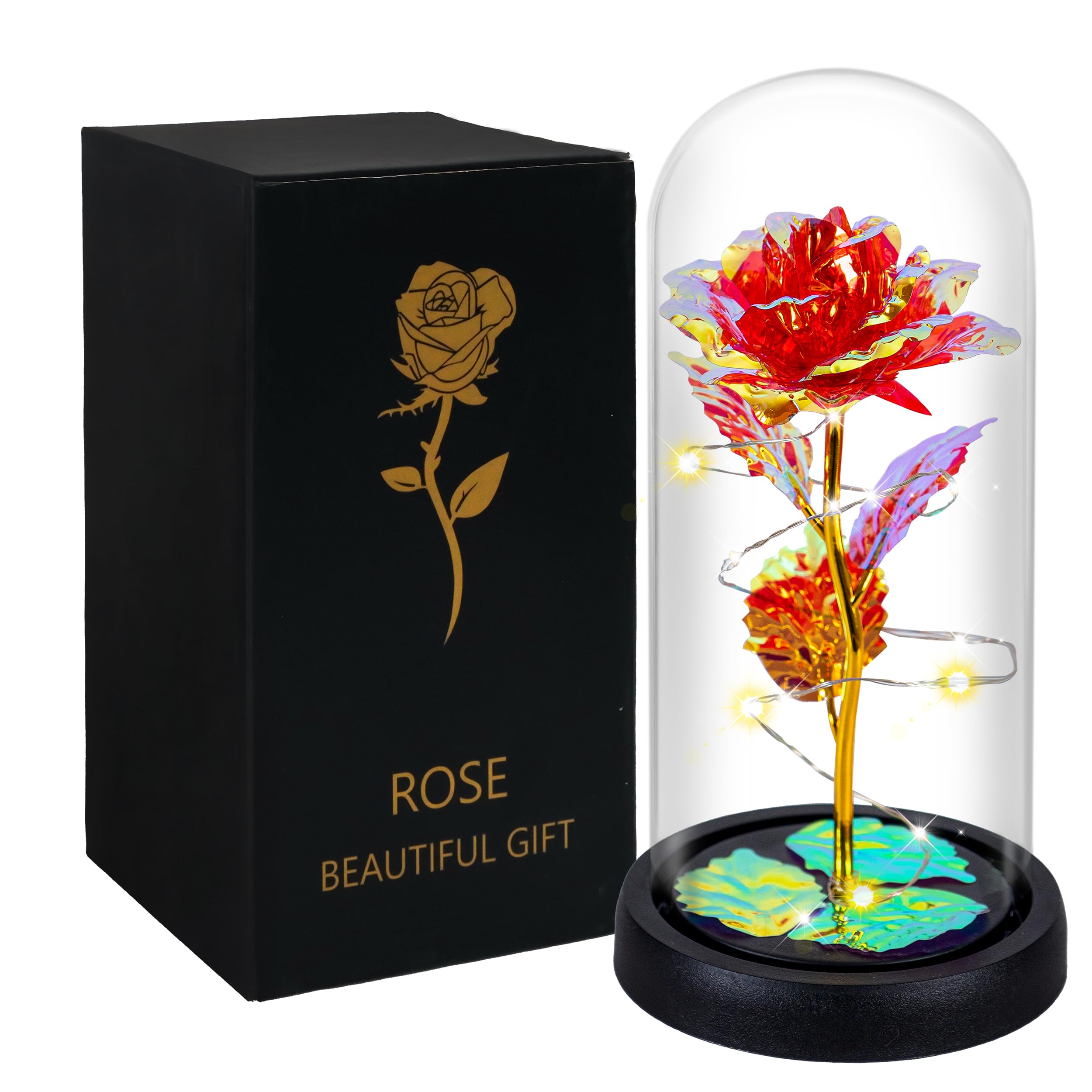 DONODA Rose Flower Gift for Women,Galaxy Glass Rose Crystal Flower Gift Light Up Rose in Glass Dome,Christmas Thanksgiving Valentine's Day Anniversary (red)