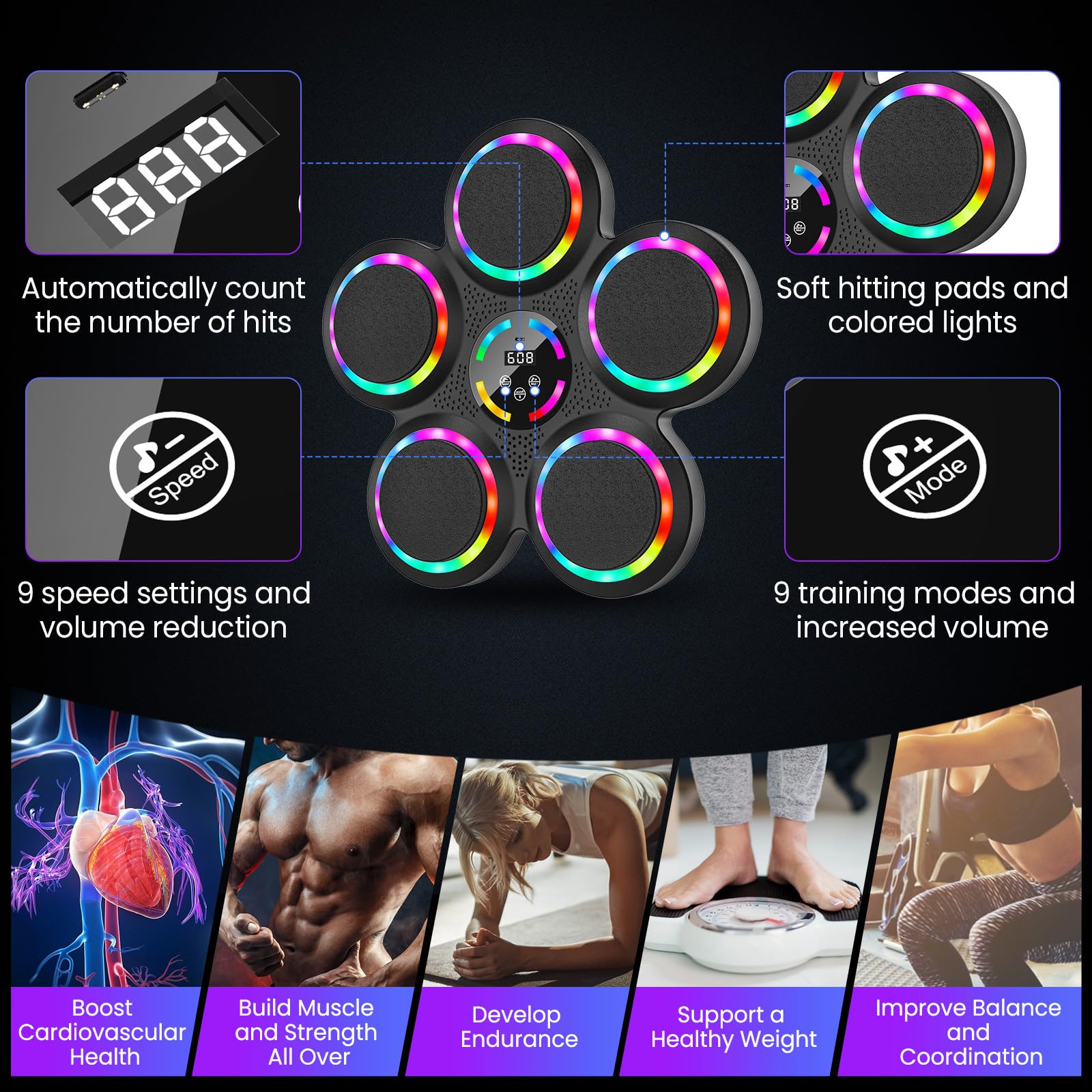 Macchina da Boxe Musicale, 2025 Nuovo Music Boxing Machine a Parete con Guanti, Luci Colorate, Supporta Bluetooth, 9 velocità, 9 modalità di Allenamento, modalità di Conteggio, per Adulti e Bambini