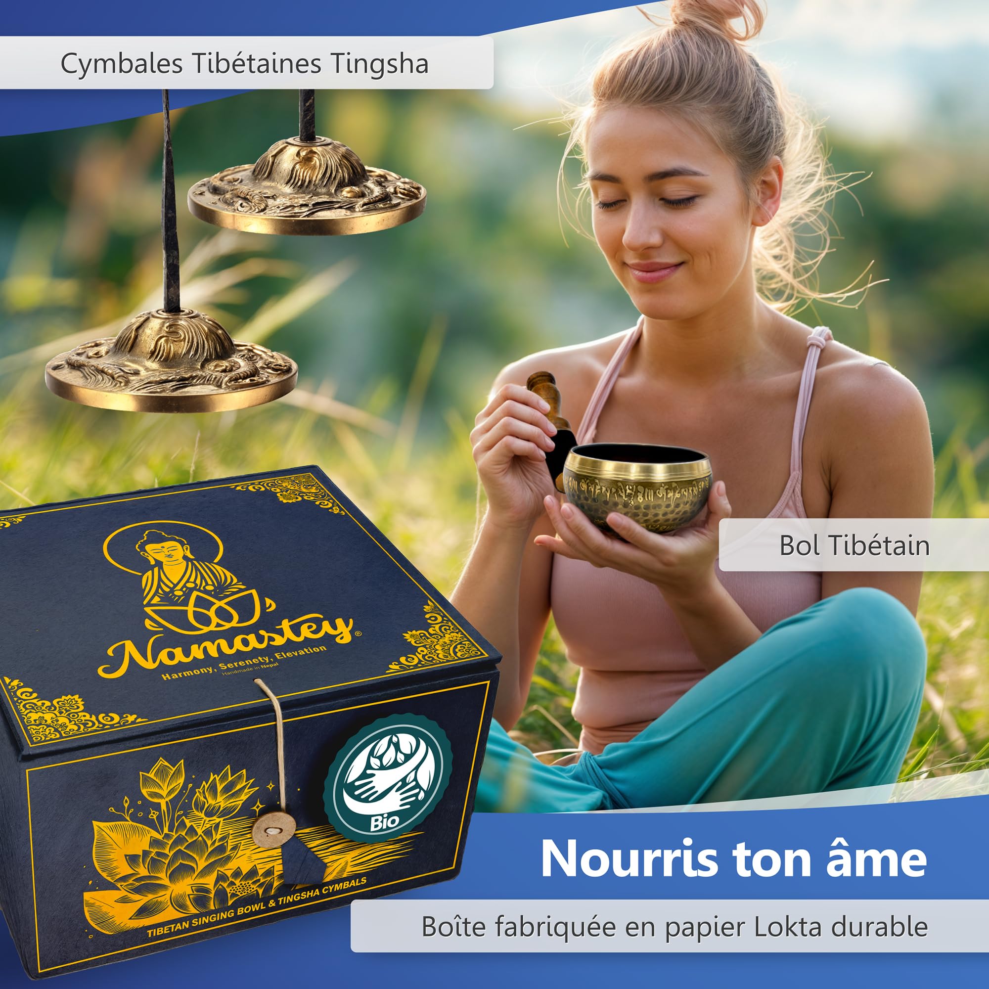Bol Tibétain – Bol Chantant Ø10 cm Martelé à la Main au Népal – Tingsha Tibétain – Cordelette Encens Népalais – Brûleur – Coffret Papier Lokta – Accessoires Méditation – Yoga e Zen