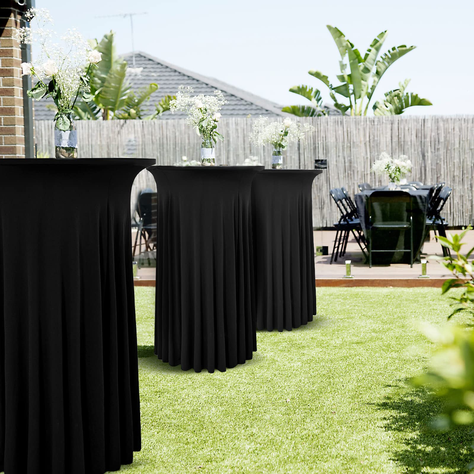 Paquete de 6 faldas redondas de mesa de cóctel de 32 x 43 pulgadas, mantel de cóctel elástico de elastano con cortinas onduladas, fundas de mesa de elastano negro ajustables para boda, bar,