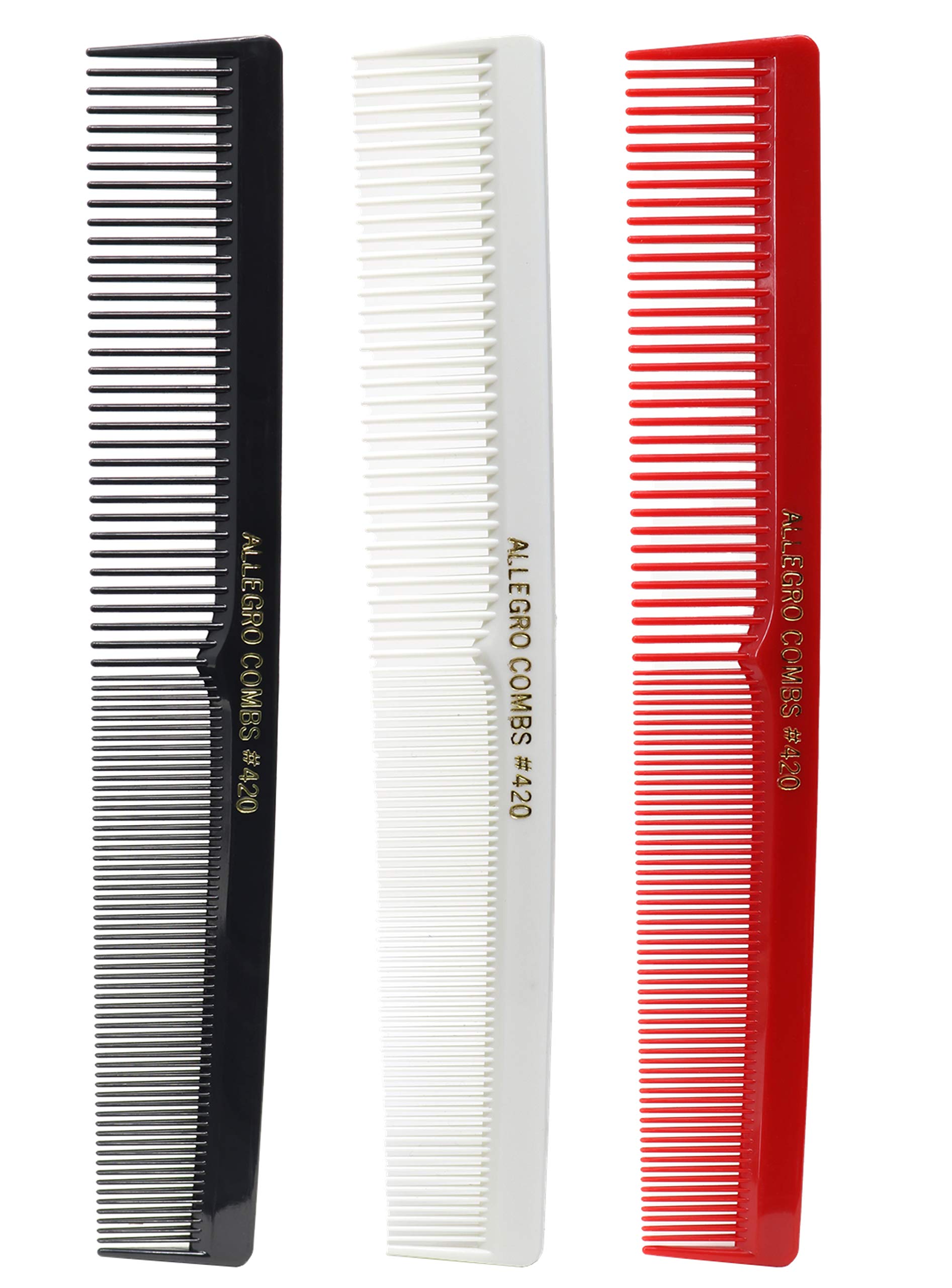 Allegro Combs 420 Hair combs Set, 3 pk. - Nitrile Rubber Barber Comb for Hair Stylist Styling, Professional Cutting Combs, Disinfectable, Long Lasting, Unisex, Red, White and Black