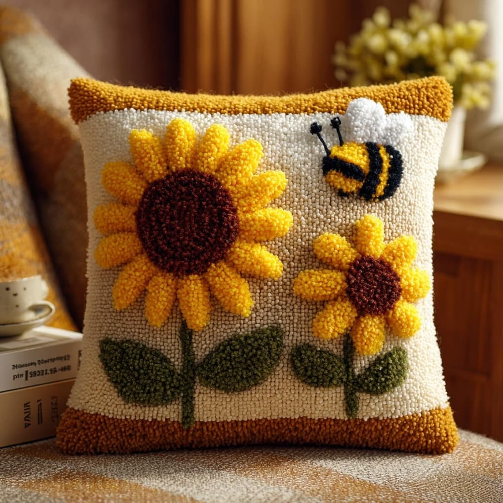 Henypt 43x43cm Latch Hook Cushion Making Kit,Bees and Sunflowers Printed Canvas Latch Hook Soft Yarn Pillow Set,Ideal Creative Gift for Adults