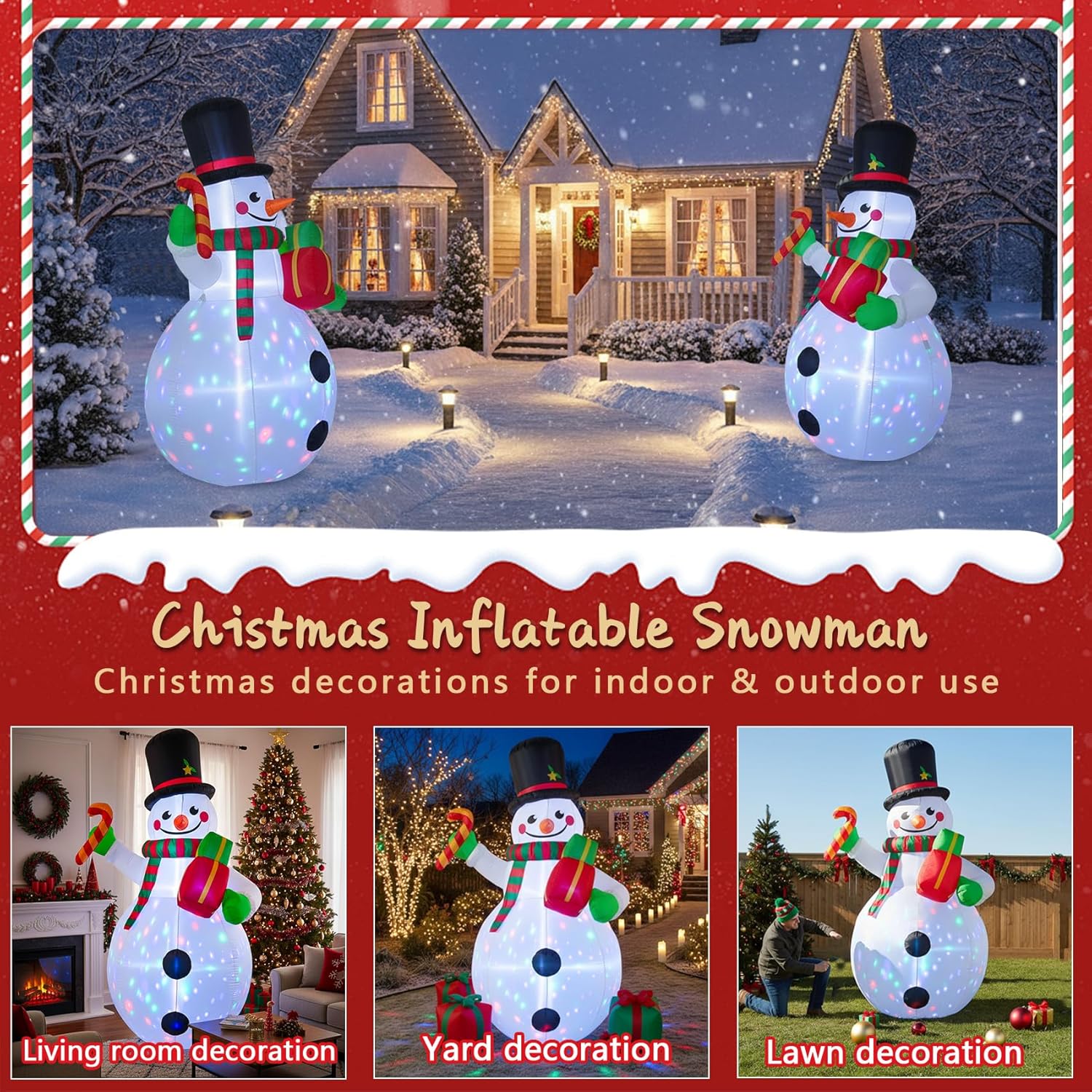 8 FT Christmas Inflatables Snowman with Candy Cane Gift Box, Blow Up Snowman Inflatable Built-in Colorful Rotating LED Light Wear Hat, Christmas Decorations Outdoor for Garden Patio Lawn Party