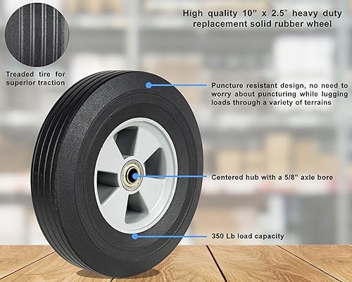 Miniatura 2 de Vergo Ruedas de goma maciza, paquete de 2 ruedas de repuesto resistentes y planas - Neumáticos de goma roscados, neumáticos de camión de mano de 10
