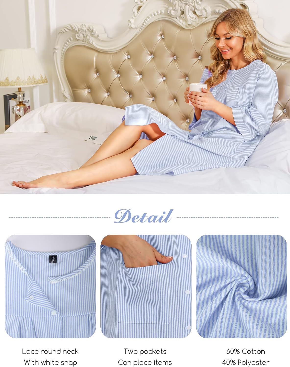 Bloggerlove House Dress Women Cotton Snap Front Nightgown 3/4 Sleeve Housecoat Duster Robe with Pockets Moomoo Patio Dress - Image 5