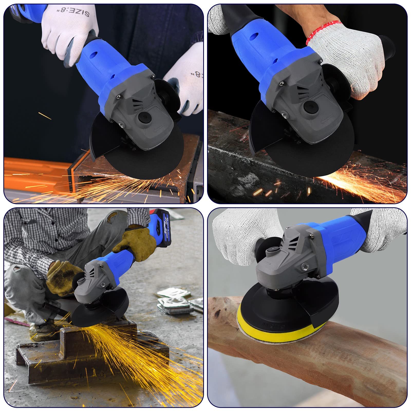 Amoladora angular profesional sin escobillas, 21 V Max, 21 V, 10000 rpm, con batería y cargador, mango adicional y cuchillas funcionales, para cortar y pulir madera, piedra, acero
