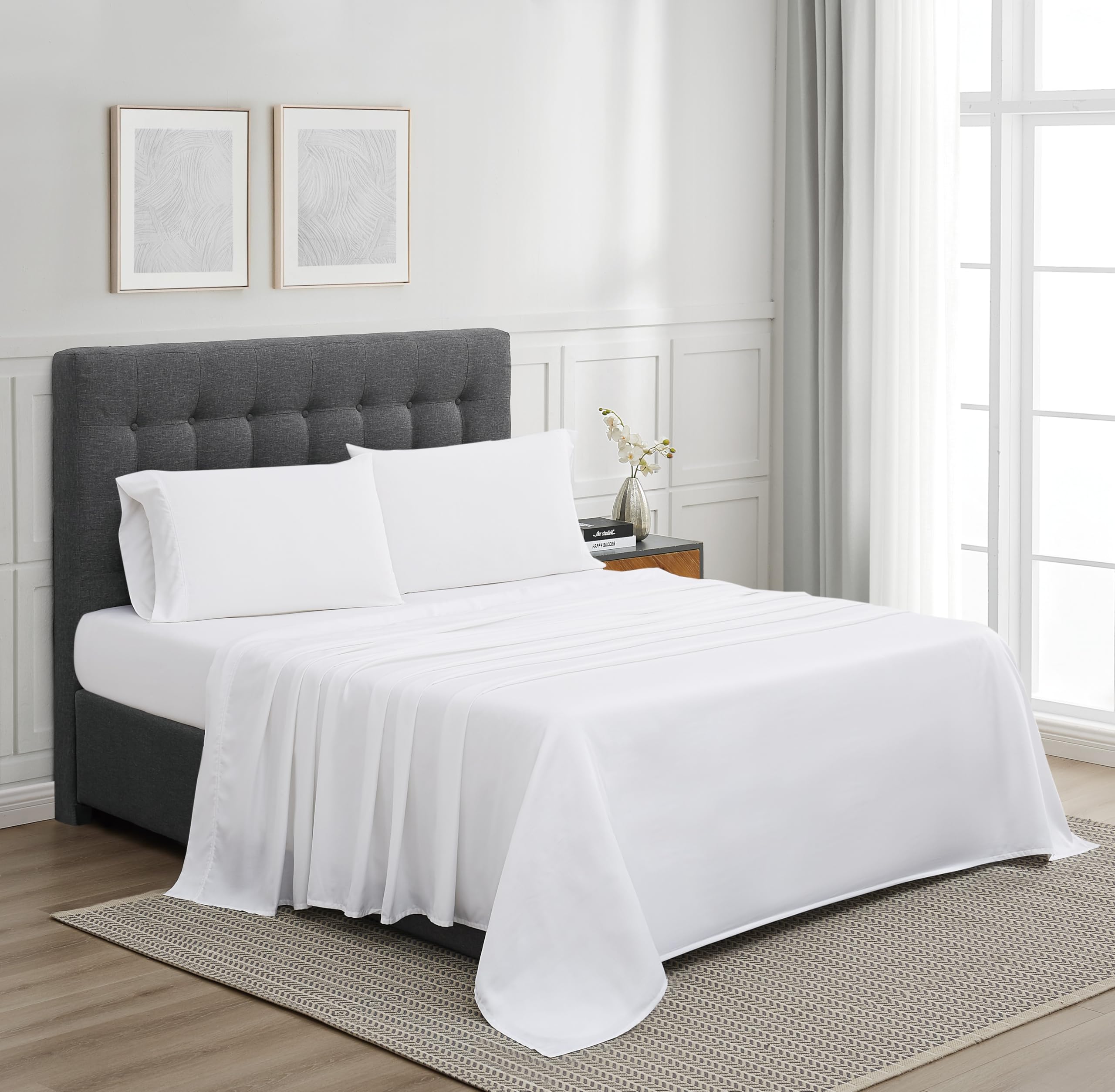Badgley Mischka 300TC Tencel White Cotton 5-Piece Split King Sheet Set, Solid Themed, for Men and Women, Oeko-TEX Certified Confidence