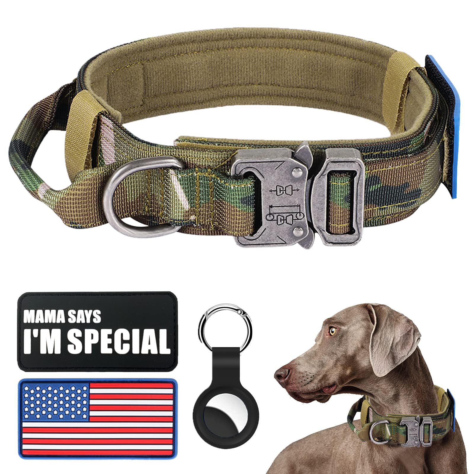 Tactical Military Collar - Adjustable Nylon, Heavy Duty Metal Buckle with Handle for Dog Training, with Patches (Camo, XL)