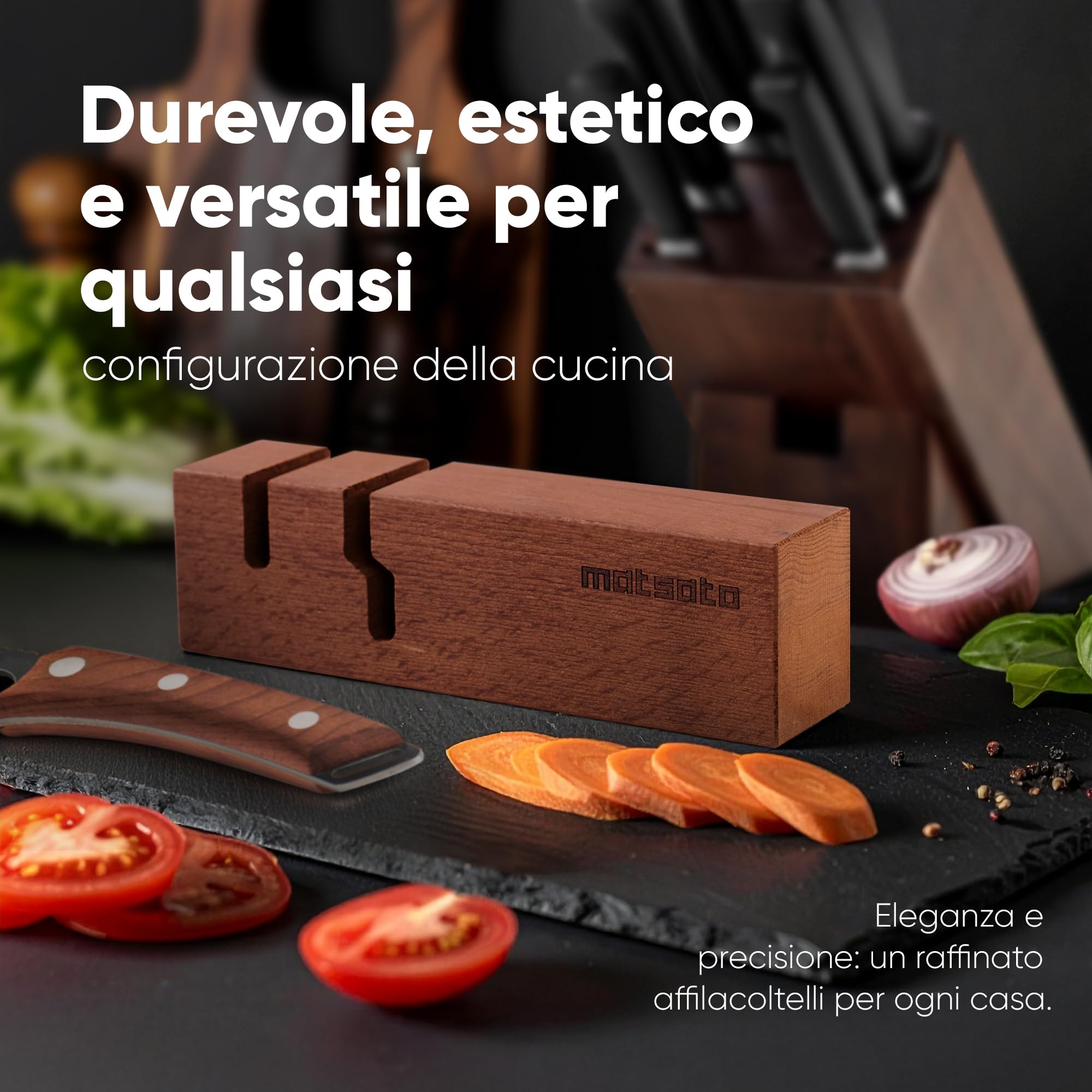 Matsato Affilacoltelli Professionale 2 in 1 - Affila Coltelli Manuale per Coltelli da Cucina e Forbici - Design in Legno di Faggio con Aste in Ceramica