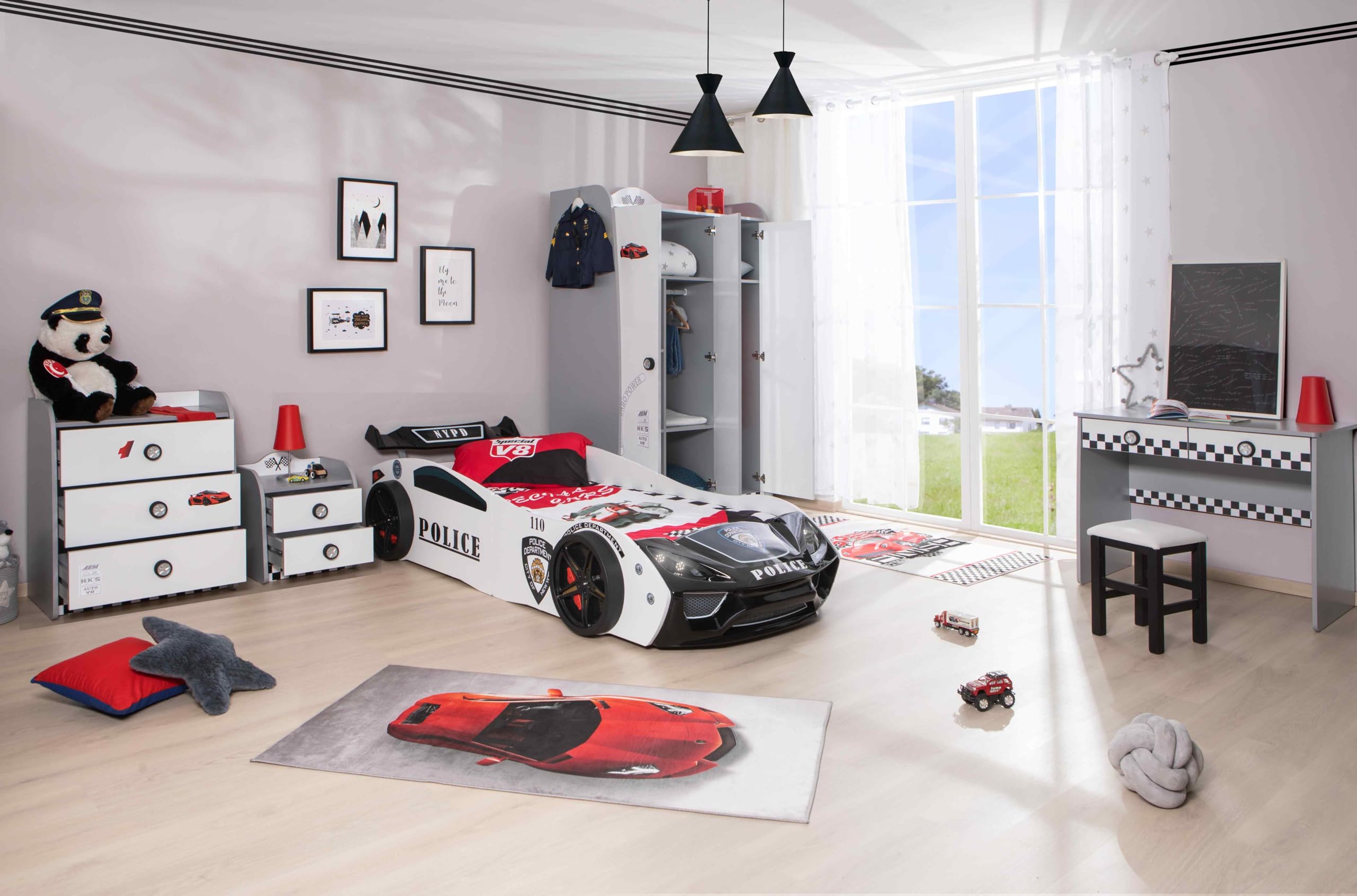 Kinderzimmer Komplett Set Jugendzimmer Kindermöbel 5 teilig mit Autobett Police (ohne Matratze)