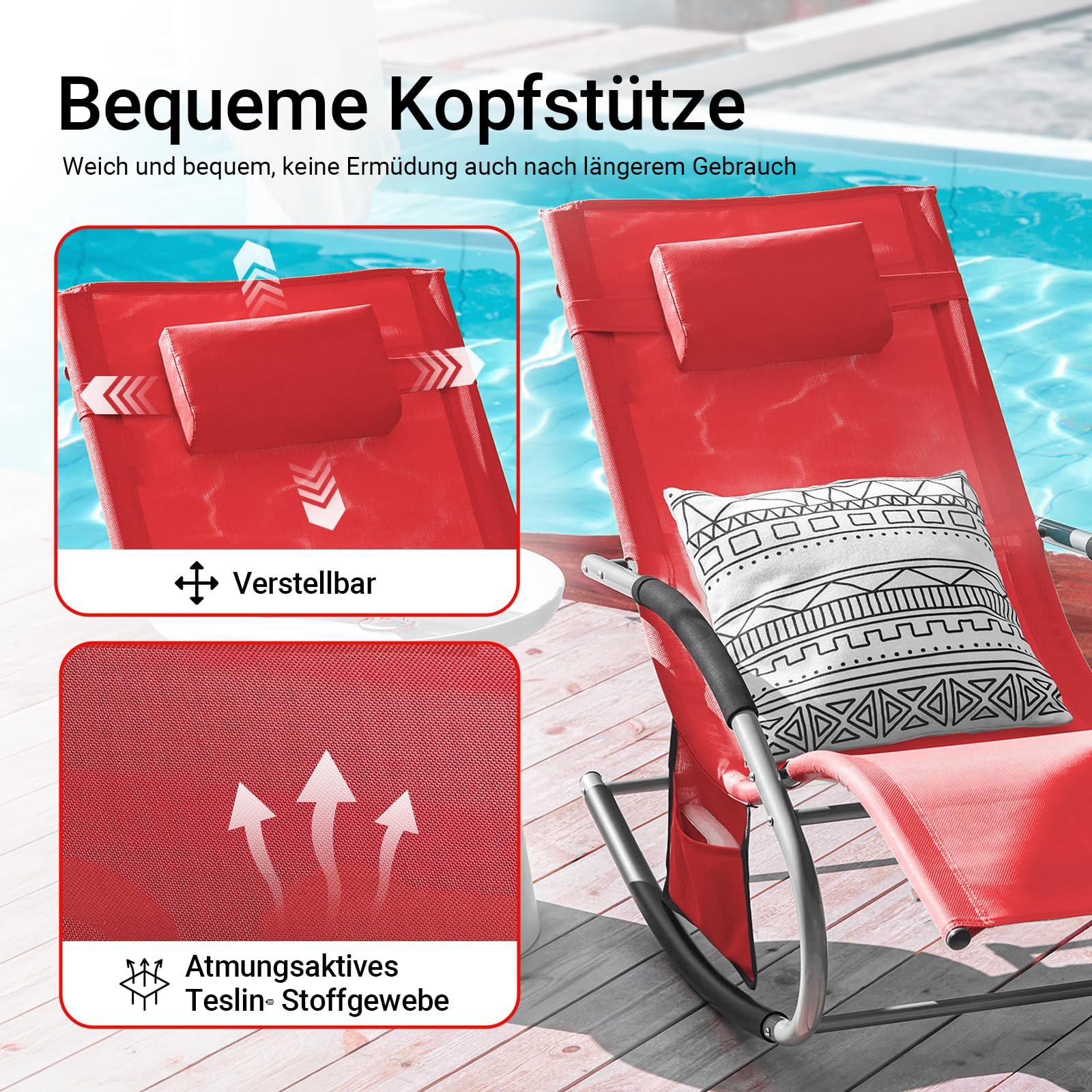 SoBuy Leżak Plażowy Ogrodowy Leżak Ogrodowy Leżak plażowy Fotel Bujany z Poduszką Boczna Torba Czerwony OGS28-R