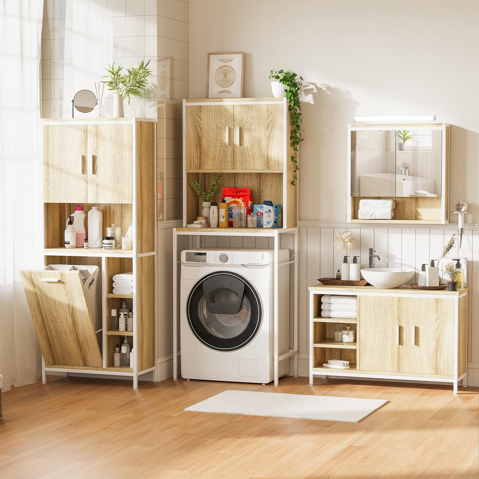 ELUCHANG Mobile Lavatrice,con Ante e Ripiano Aperto,mobile alto per bagno,Mobiletto Bagno Salvaspazio,Rovere Chiaro +Bianco,67x40x174cm