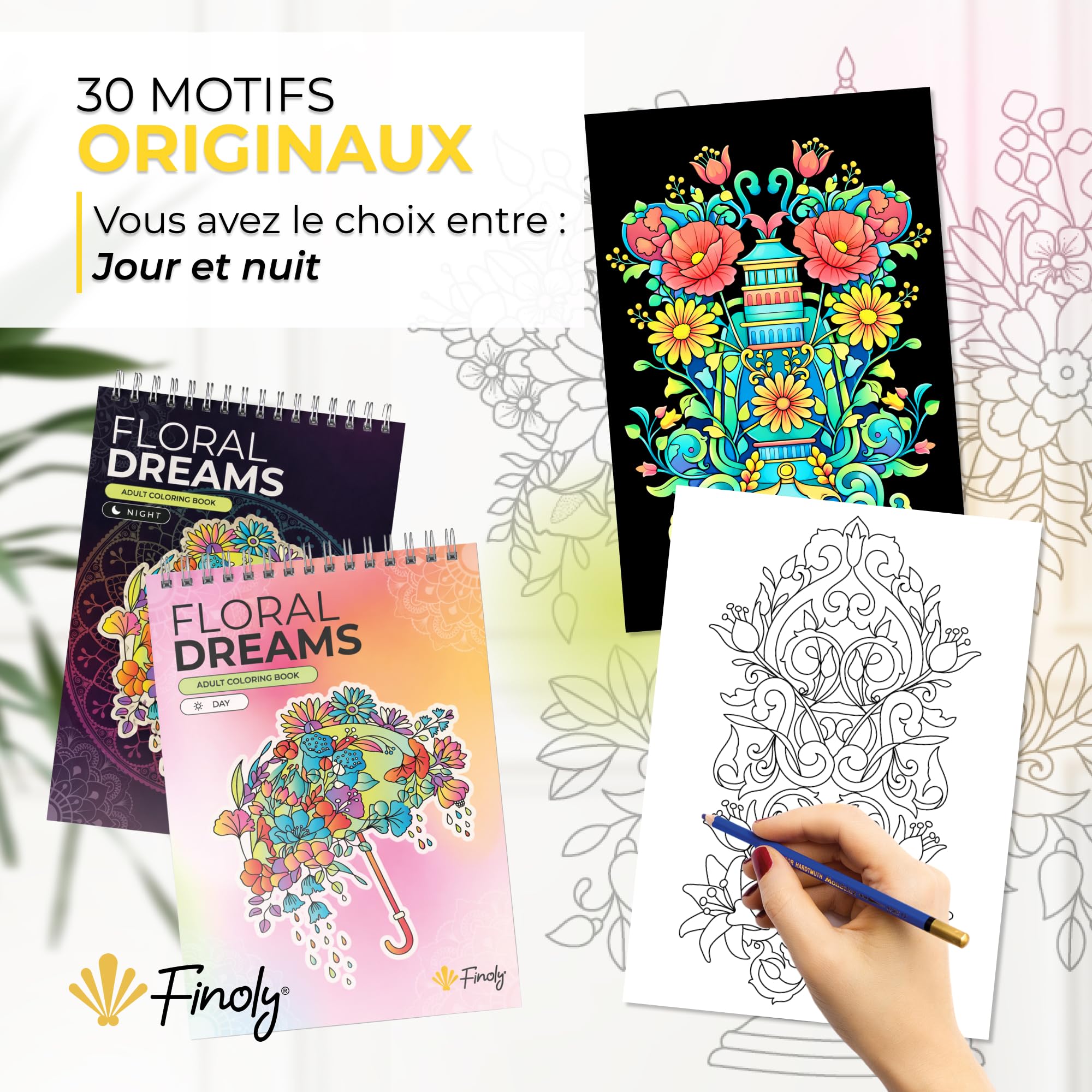 Finoly Livre Coloriage Adulte Fleurs A4 Réduit le Stress | Mandalas a Colorier Adulte Débutants et Confirmés | Coloriage Mandala Adulte Mindfulness Anti Stress Encre qui ne Transperce Pas (Jour)