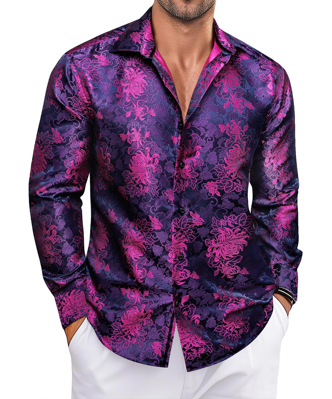 Men's Silk Shirts Paisley Long Sleeve Button Down Dress Shirt Western Casual Designer Tops Woven Party Wedding