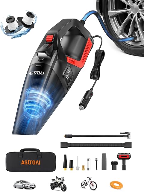 AstroAI 4-in-1 Car Vacuum Cleaner and Tire Inflator, Handheld Vacuum with Air Compressor, Digital Dual Values Display, 150 PSI Car Tires Air Pump with LED Light, 12V DC, 16.4FT Cord for Auto
