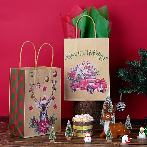 Miniatura 5 de Zachely 24 bolsas de regalo de Navidad con 24 papel de seda, bolsas de papel kraft a granel para regalos con asas, 8 estilos de bolsas de regalo de