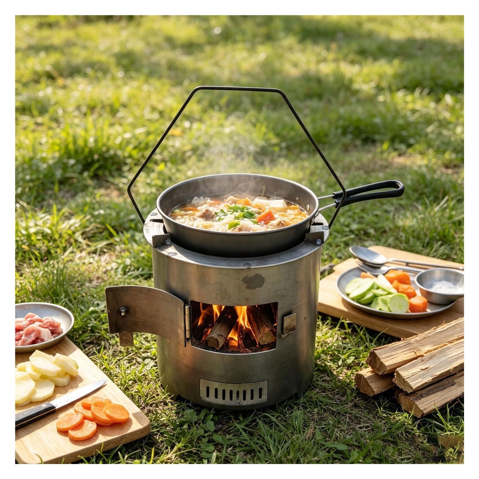 Poêle De Tente Portable Avec Grille De Cuisson Pour Le Camping, L'extérieur | Chauffage De Tente Camping Porte À Verrouillage Avec Poignée, Réchaud De Tente Bois Multifonctionnel(2PC)