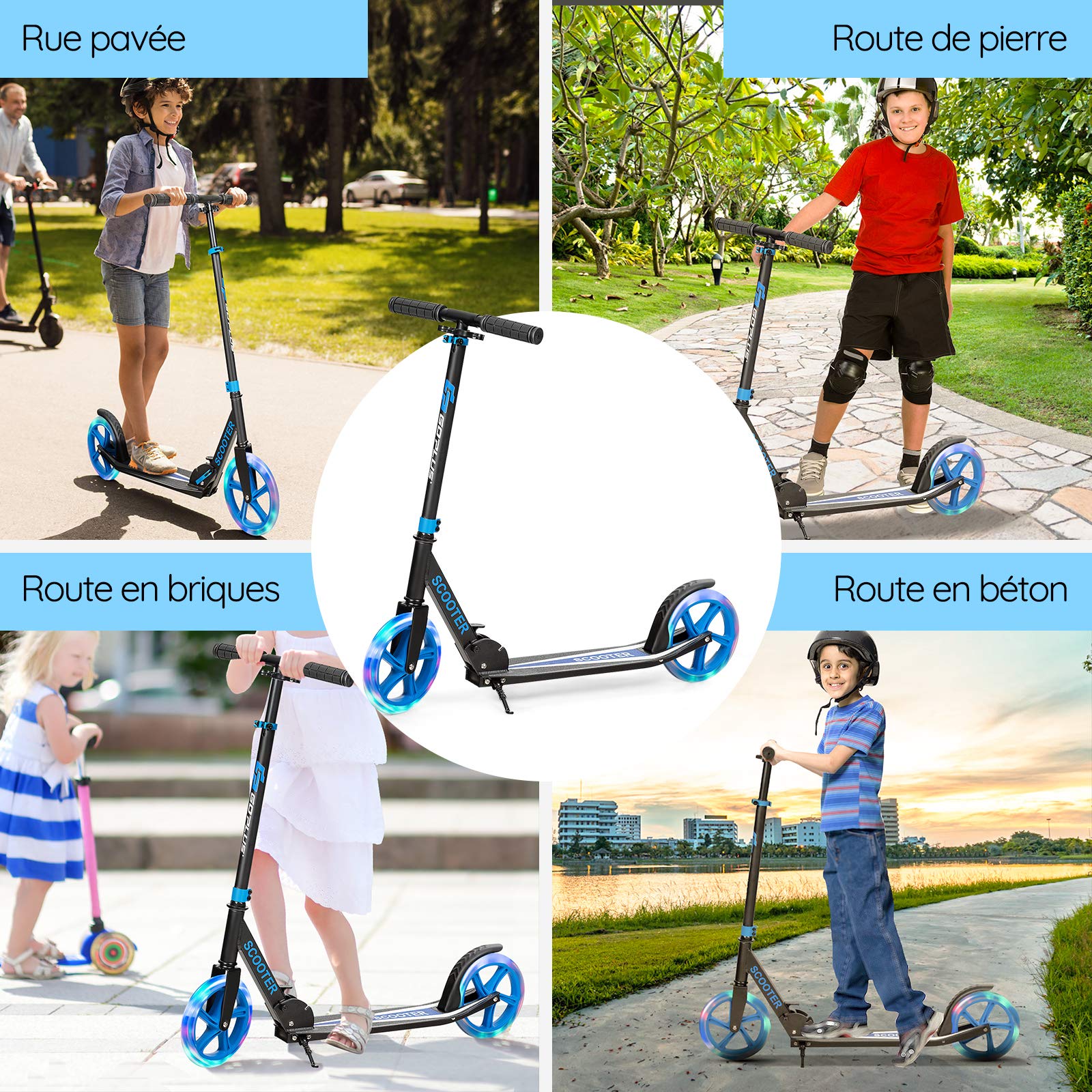 GYMAX Trottinette Pliable pour Enfants de Plus de 10 Ans, Trottinette à Hauteur Réglable pour Adolescents et Adultes avec 2 Roues LED et Roue Arrière de Frein