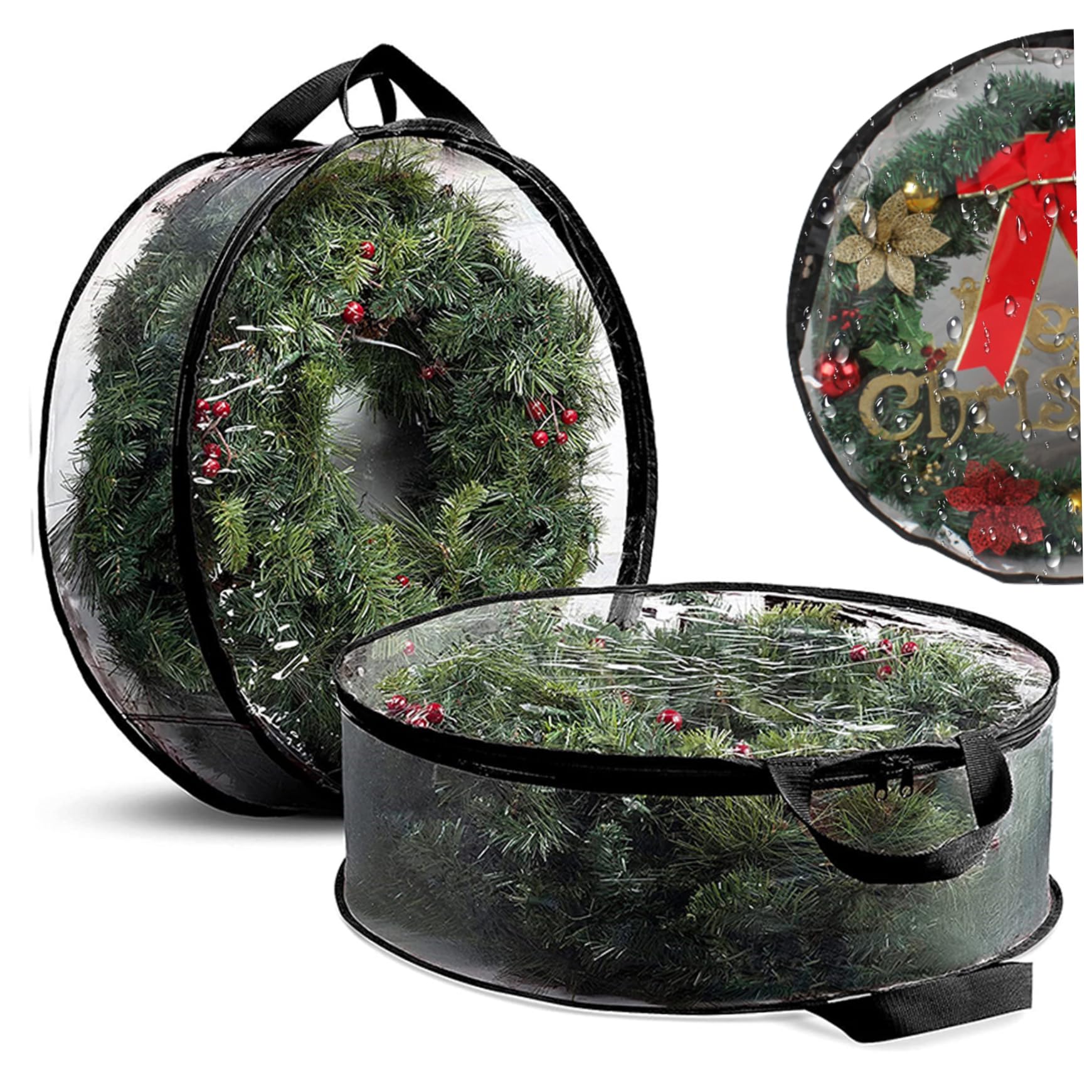 Bemonew Wreath Storage Container 24'' 2Pcs Clear Christmas Wreath Storage Bag with Reinforced Handles Zippered Xmas Garland Container for Xmas Thanksgiving