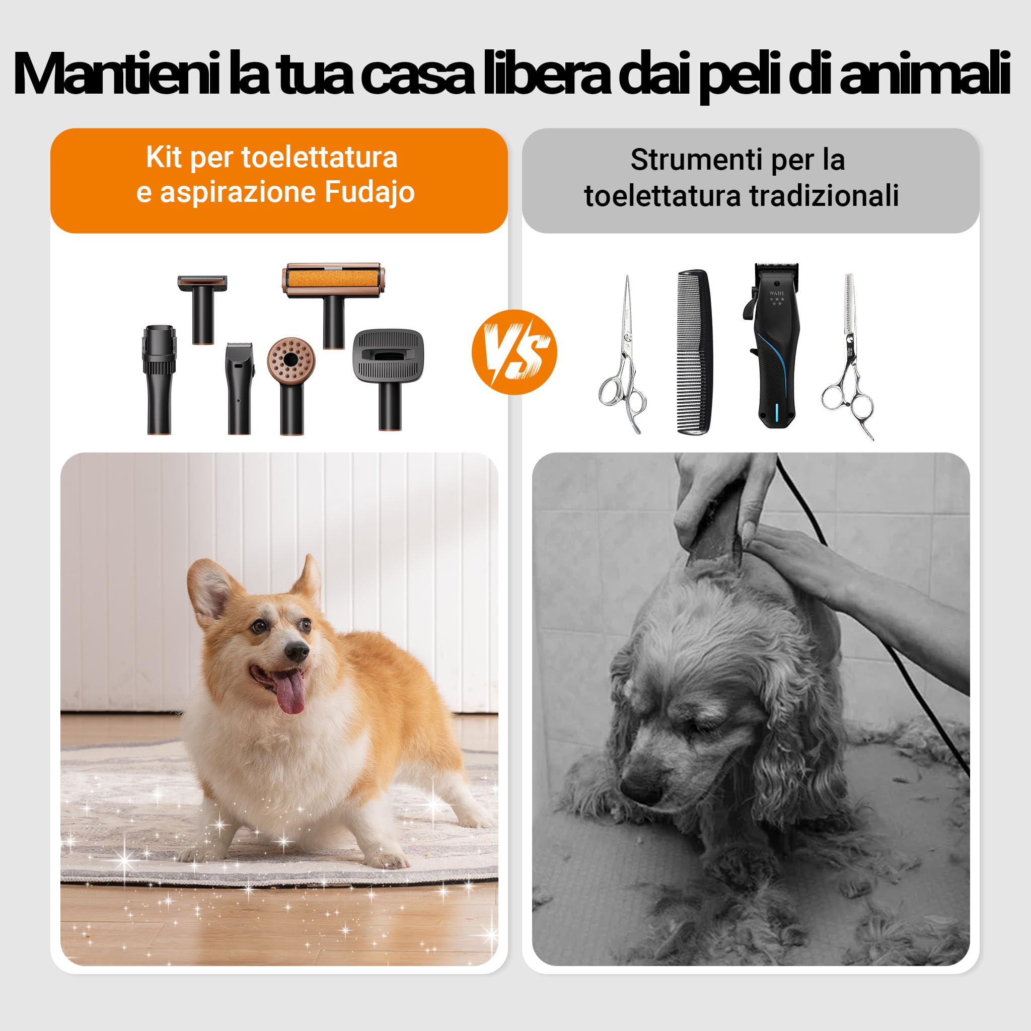 Fudajo Set per toelettatura di animali domestici 6 in 1, aspira peli per cani e gatti, tosatrice per cani, con accessori per la cura del pelo, colore nero