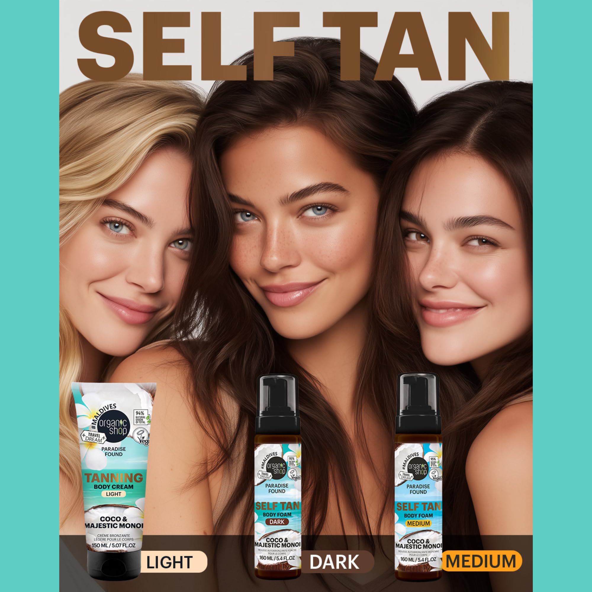 Organic Shop Paradise Found DARK Self Tan Body Foam with Coco & Majestic Monoi, 160ml, Turquoise, 160 ml (Pack of 1) - Image 3