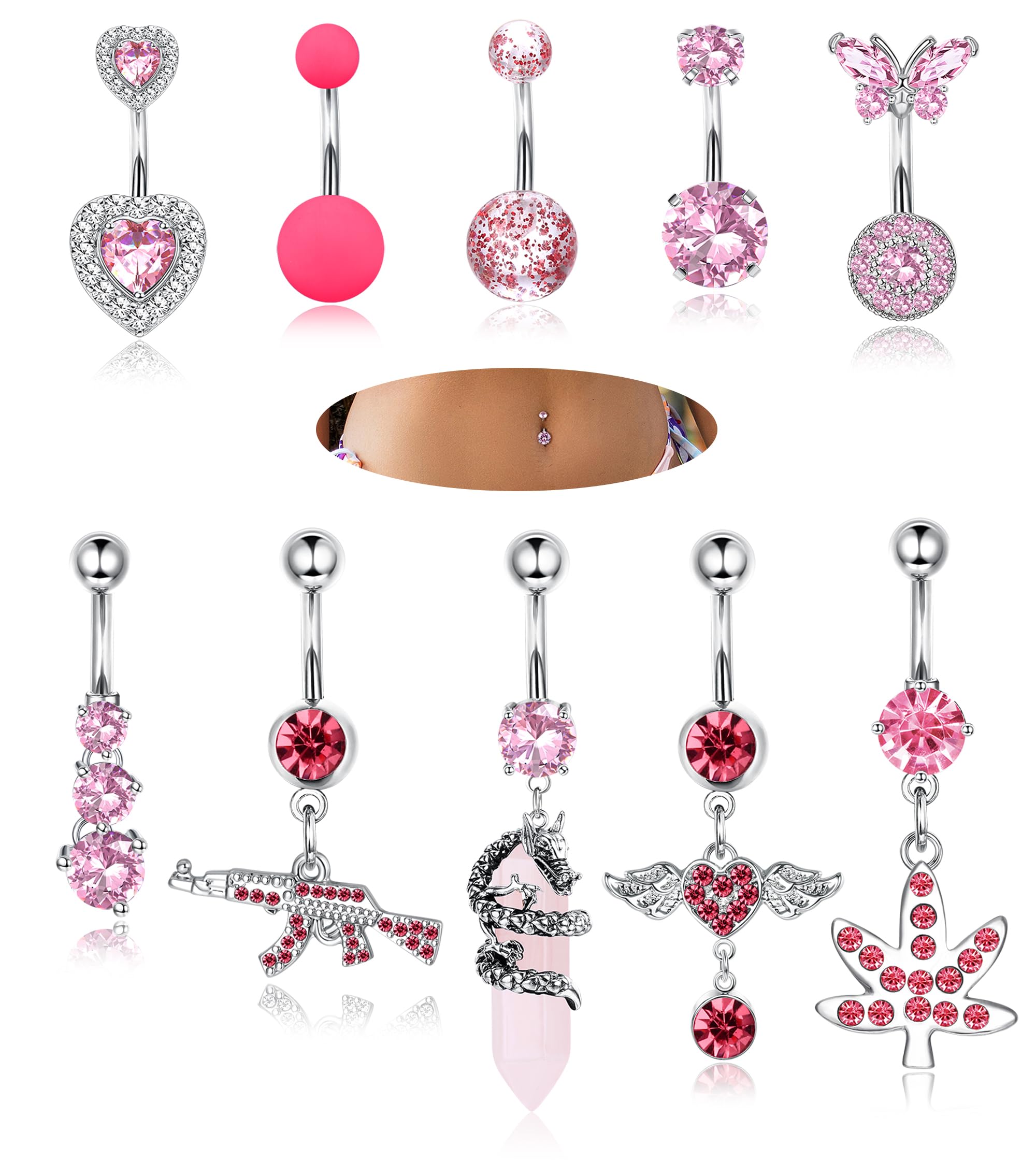 Adramata 10 Pcs 14G Piercing Ombligo Acero Quirurgico Corazón Mariposa Hipoalergénica Piercing Ombligo Aro Rosa Púrpura Azul Piercing Ombligo Colgante Corporal Piercing para Mujer Verano PlayaMujer