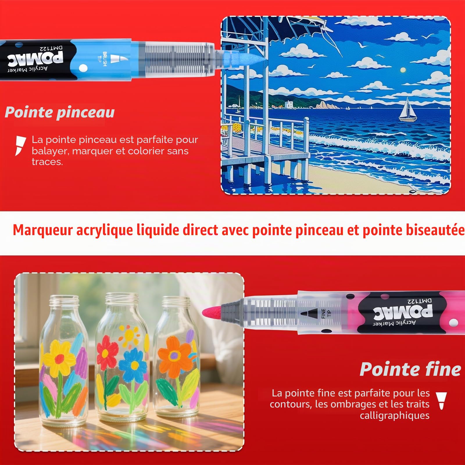 POMAC Marqueurs de peinture acrylique à double pointe, 48 couleurs