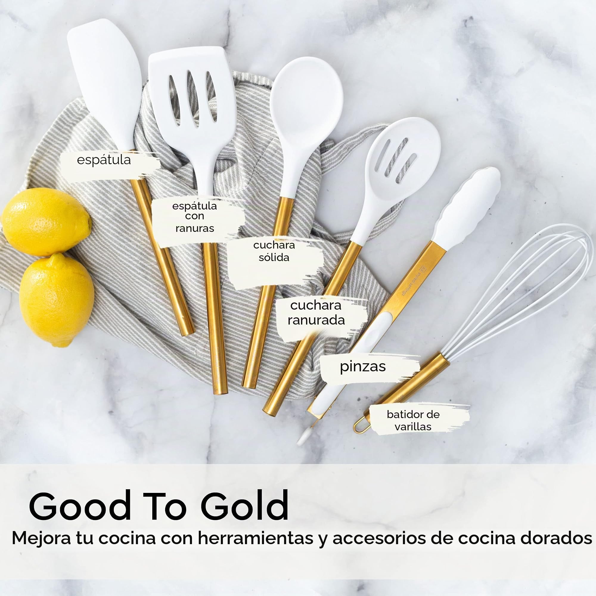 Styled Settings White and Gold - Juego de utensilios de cocina de silicona de 6 piezas con espátula, batidor, pinzas, cuchara y volteador, antiadherentes, sin BPA, accesorios de cocina dorados